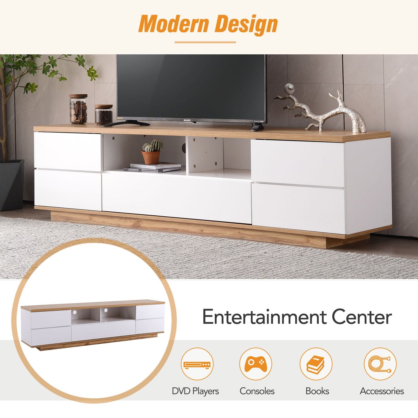 Melysen Modern TV stand for TVs up to 80" , Media Console with Multi-Functional Storage, Entertainment Center  with Door Rebound Device, TV cabinet for living room,Bedroom,White+Natural