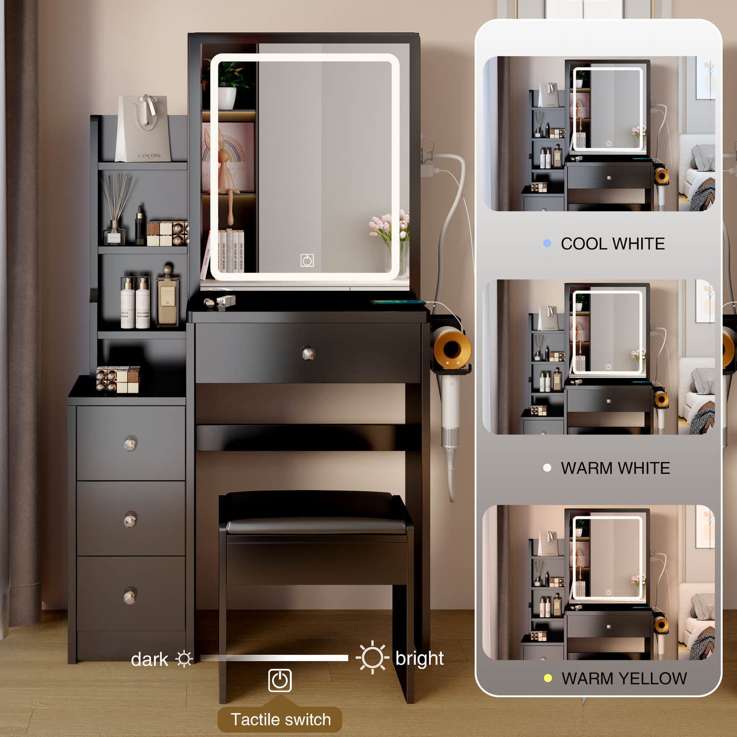 Melysen Left Bedside Cabinet Vanity Table + Cushioned Stool, With 2 AC + 2 USB Socket, Extra Large Sliding LED Mirror, Touch Control, Tri-color, Brightness Adjustable, Multi Layer, High Capacity Storage,Black