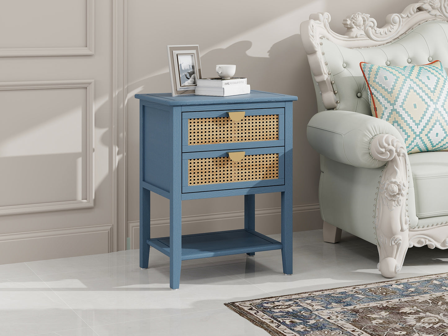 Melysen American furniture,2 Drawer Side table,Naturel Rattan,End table,Suitable for bedroom, living room, study