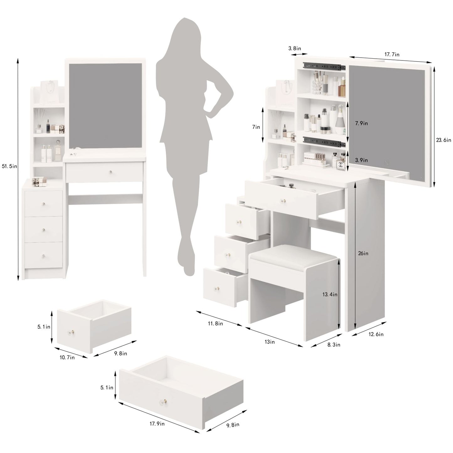 Melysen Left Bedside Cabinet Vanity Table + Cushioned Stool, Extra large Sliding mirror, Multi Layer High Capacity Storage, Left Bedside Cabinet, Practical Fashionable Dresser, Modern Makeup Furniture,White