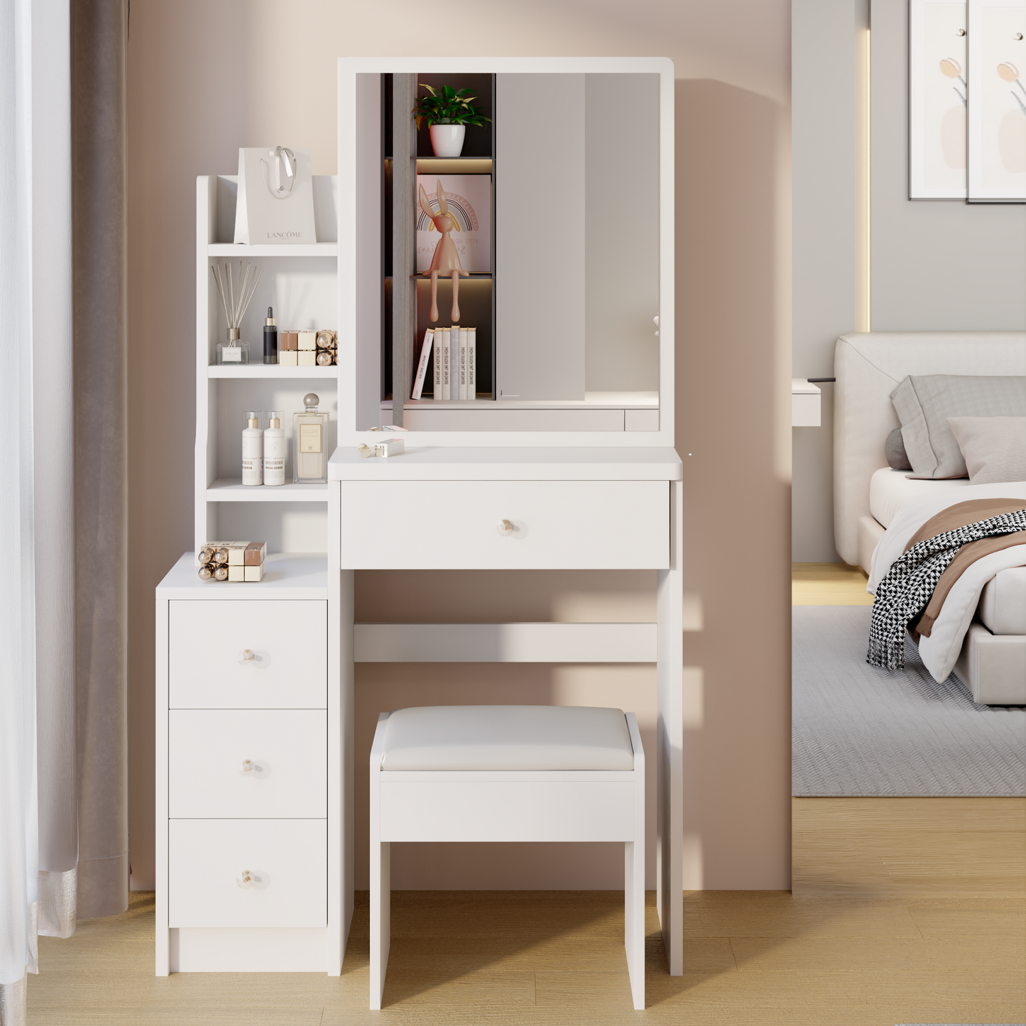 Melysen Left Bedside Cabinet Vanity Table + Cushioned Stool, Extra large Sliding mirror, Multi Layer High Capacity Storage, Left Bedside Cabinet, Practical Fashionable Dresser, Modern Makeup Furniture,White