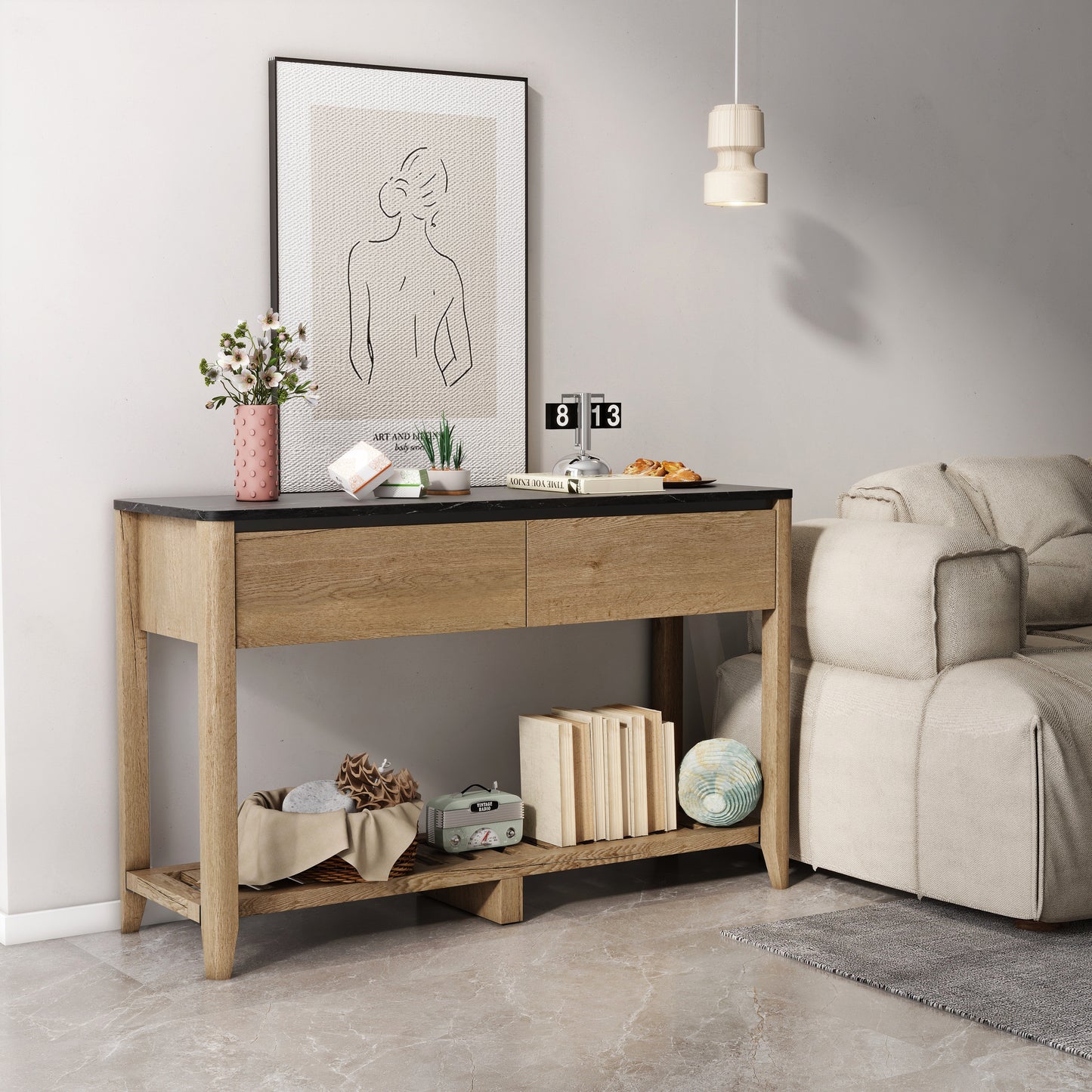 Melysen 47 Inch Modern Farmhouse Double Drawers Console Table for Living Room or Entryway