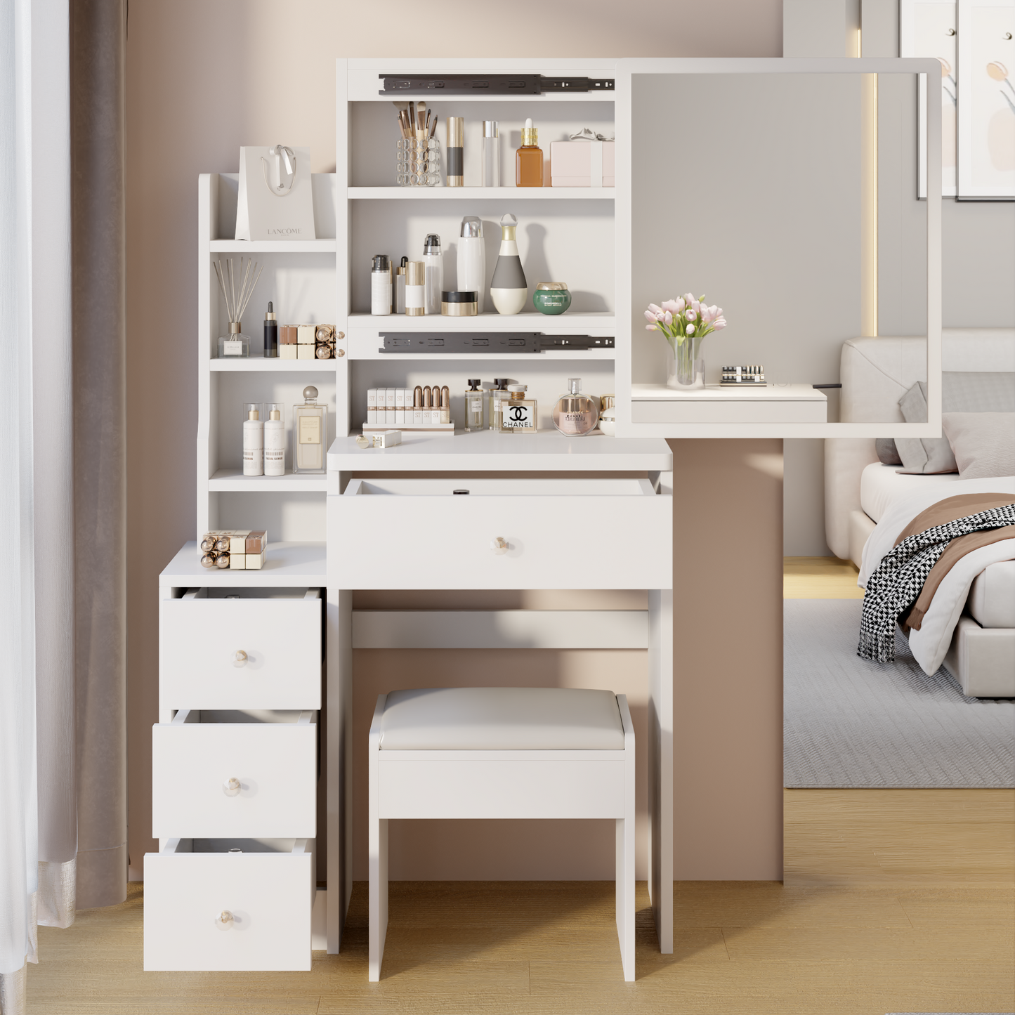 Melysen Left Bedside Cabinet Vanity Table + Cushioned Stool, Extra large Sliding mirror, Multi Layer High Capacity Storage, Left Bedside Cabinet, Practical Fashionable Dresser, Modern Makeup Furniture,White