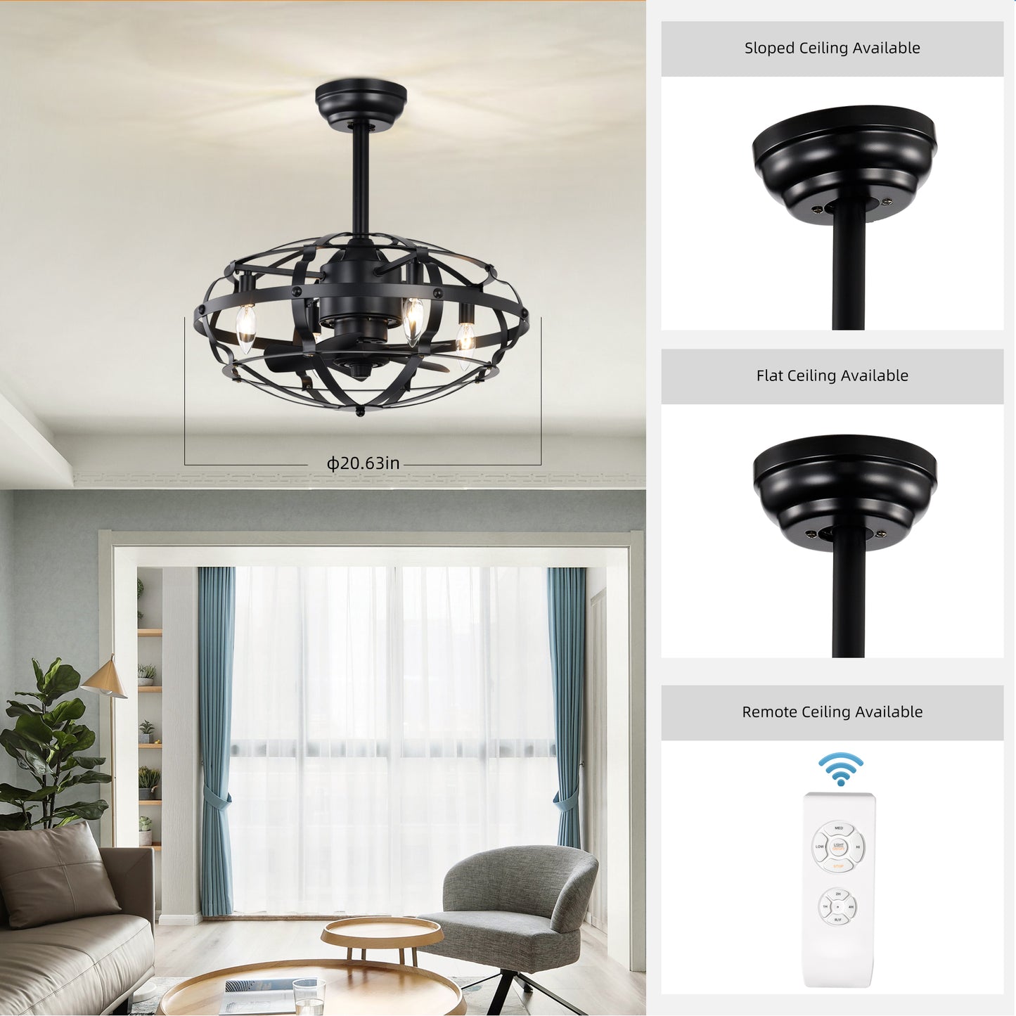 Melysen Hot Sell Industrial Ceiling Fan Light Kit for Living Room Bedroom Kitchen and Bladeless Caged Ceiling Fan with Lights