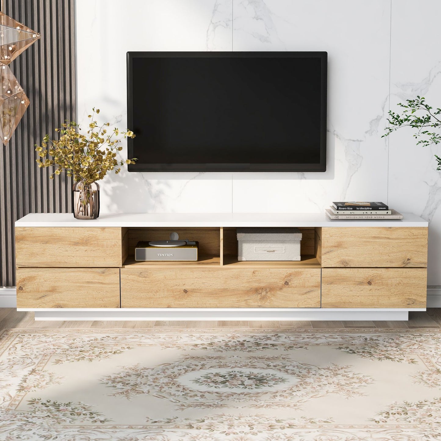 Melysen Modern TV stand for TVs up to 80" , Media Console with Multi-Functional Storage, Entertainment Center  with Door Rebound Device, TV cabinet for living room,Bedroom,Natural+White