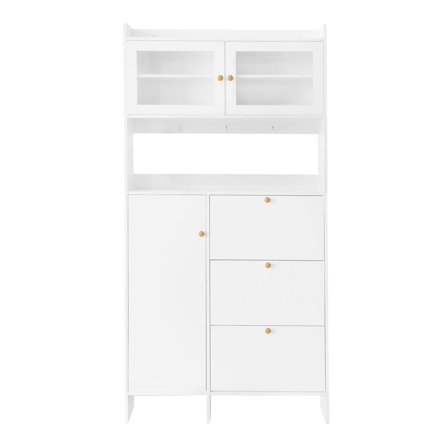 Melysen Shoe Cabinet with Open Storage Space, Practical Hall Tree with 3 Flip Drawers, Multi-functional & Integrated Foyer Cabinet with Tempered Glass Doors for Hallway, White