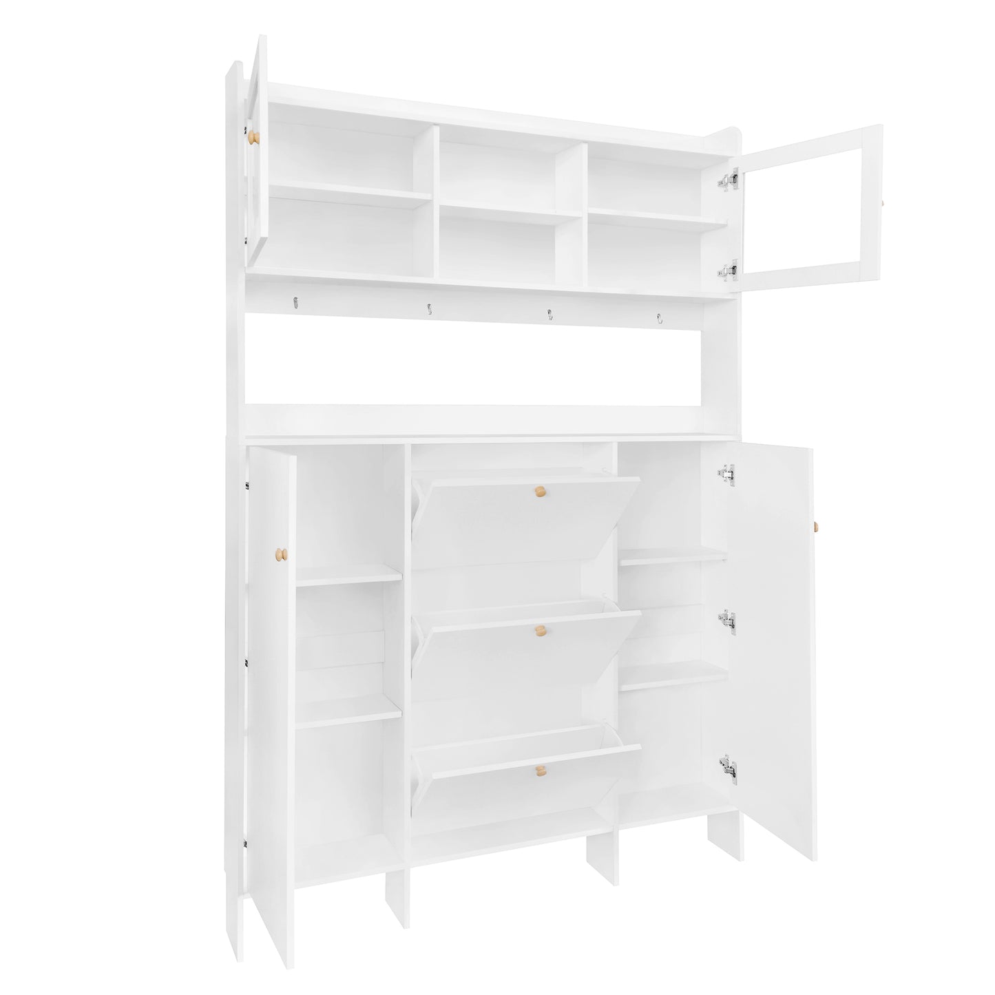 Melysen Contemporary Shoe Cabinet with Open Storage Platform, Tempered Glass Hall Tree with 3 Flip Drawers, Versatile Tall Cabinet with 4 Hanging Hooks for Hallway, White