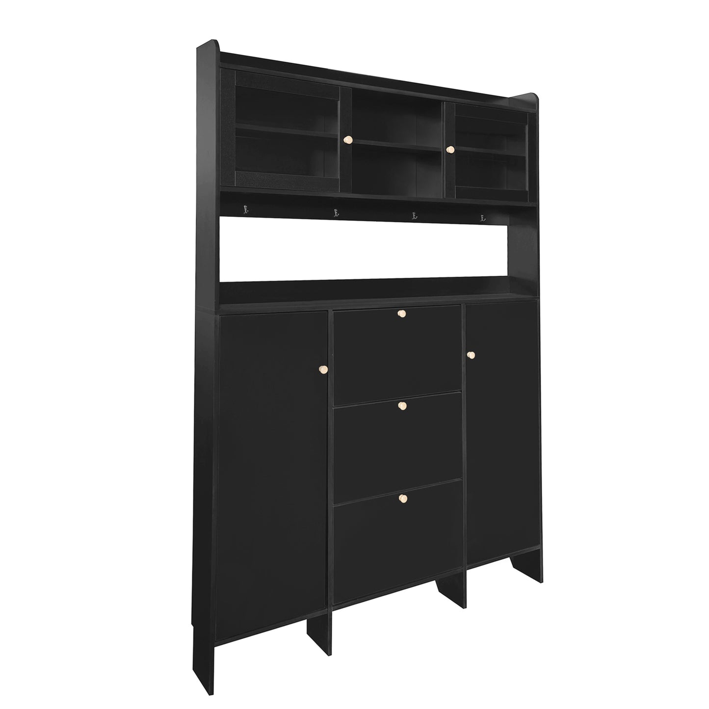 Melysen Contemporary Shoe Cabinet with Open Storage Platform, Tempered Glass Hall Tree with 3 Flip Drawers, Versatile Tall Cabinet with 4 Hanging Hooks for Hallway, Black