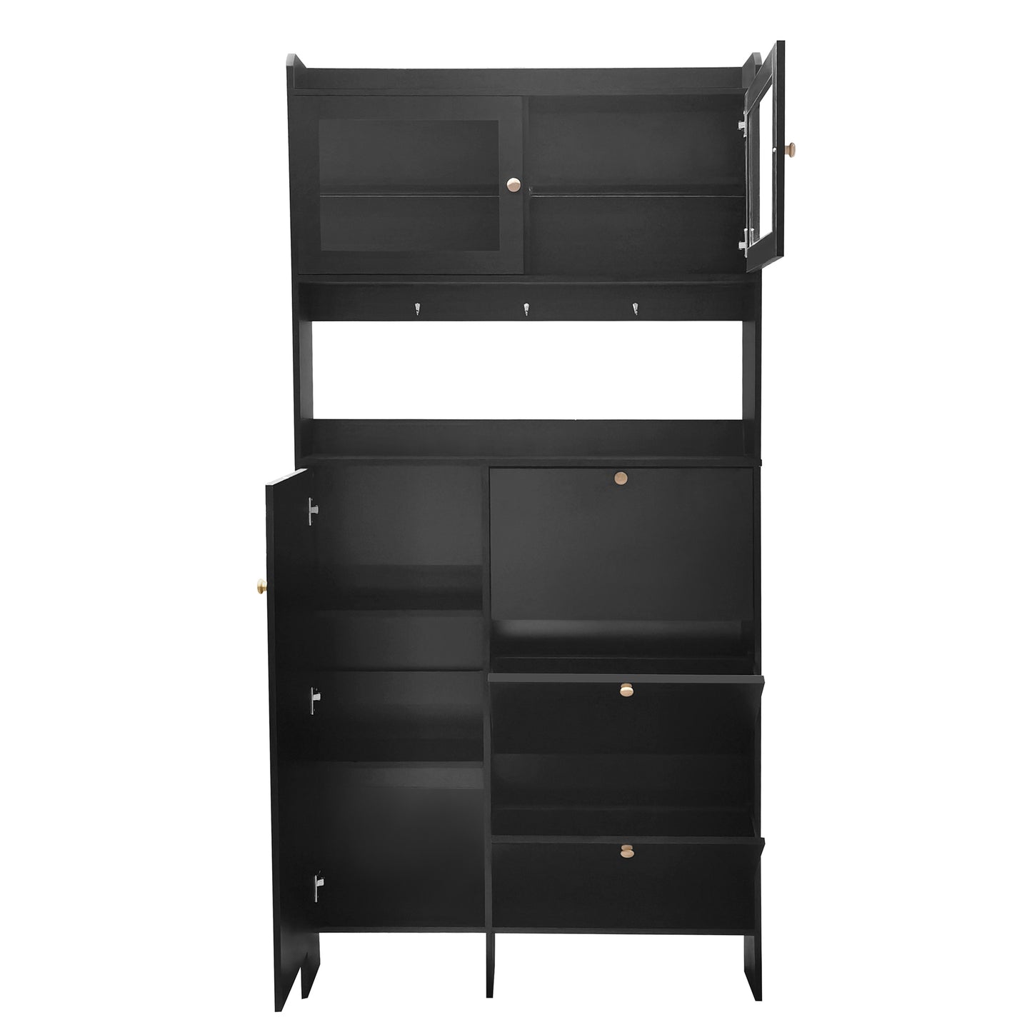 Melysen Shoe Cabinet with Open Storage Space, Practical Hall Tree with 3 Flip Drawers, Multi-functional & Integrated Foyer Cabinet with Tempered Glass Doors for Hallway, Black