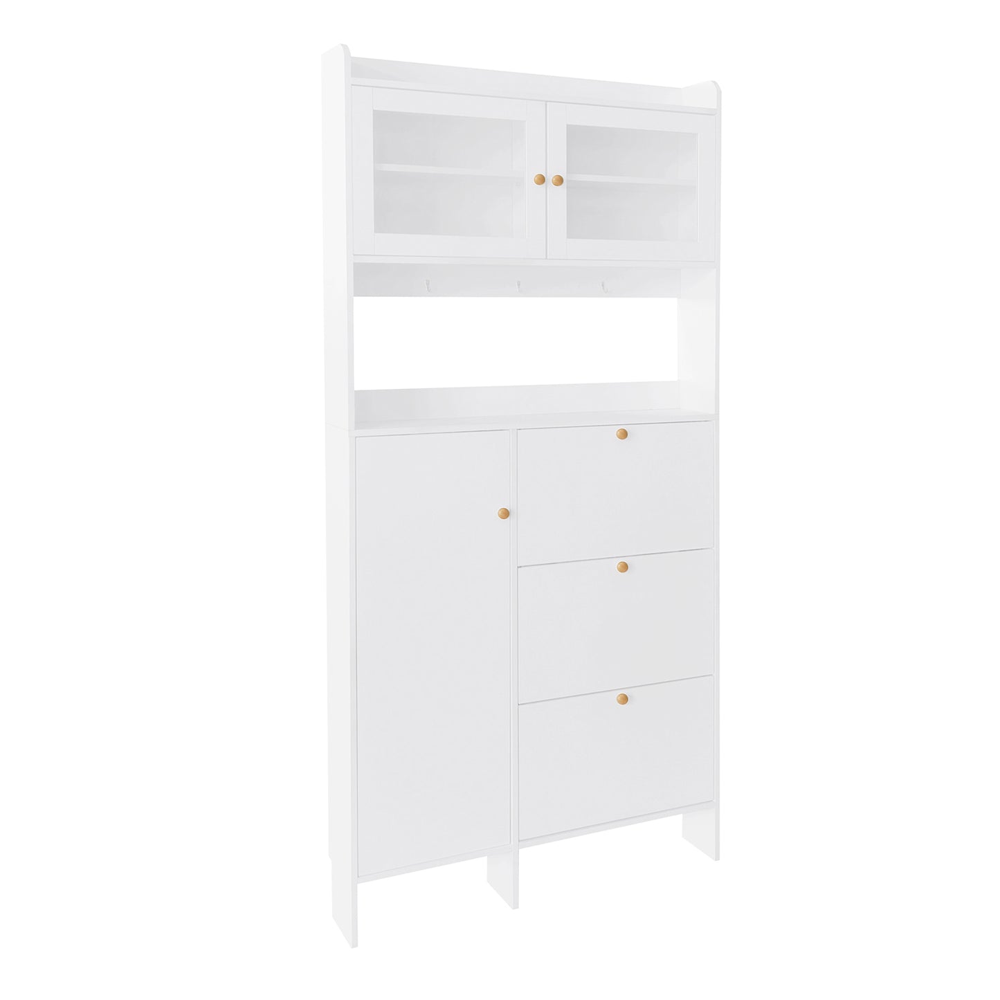 Melysen Shoe Cabinet with Open Storage Space, Practical Hall Tree with 3 Flip Drawers, Multi-functional & Integrated Foyer Cabinet with Tempered Glass Doors for Hallway, White