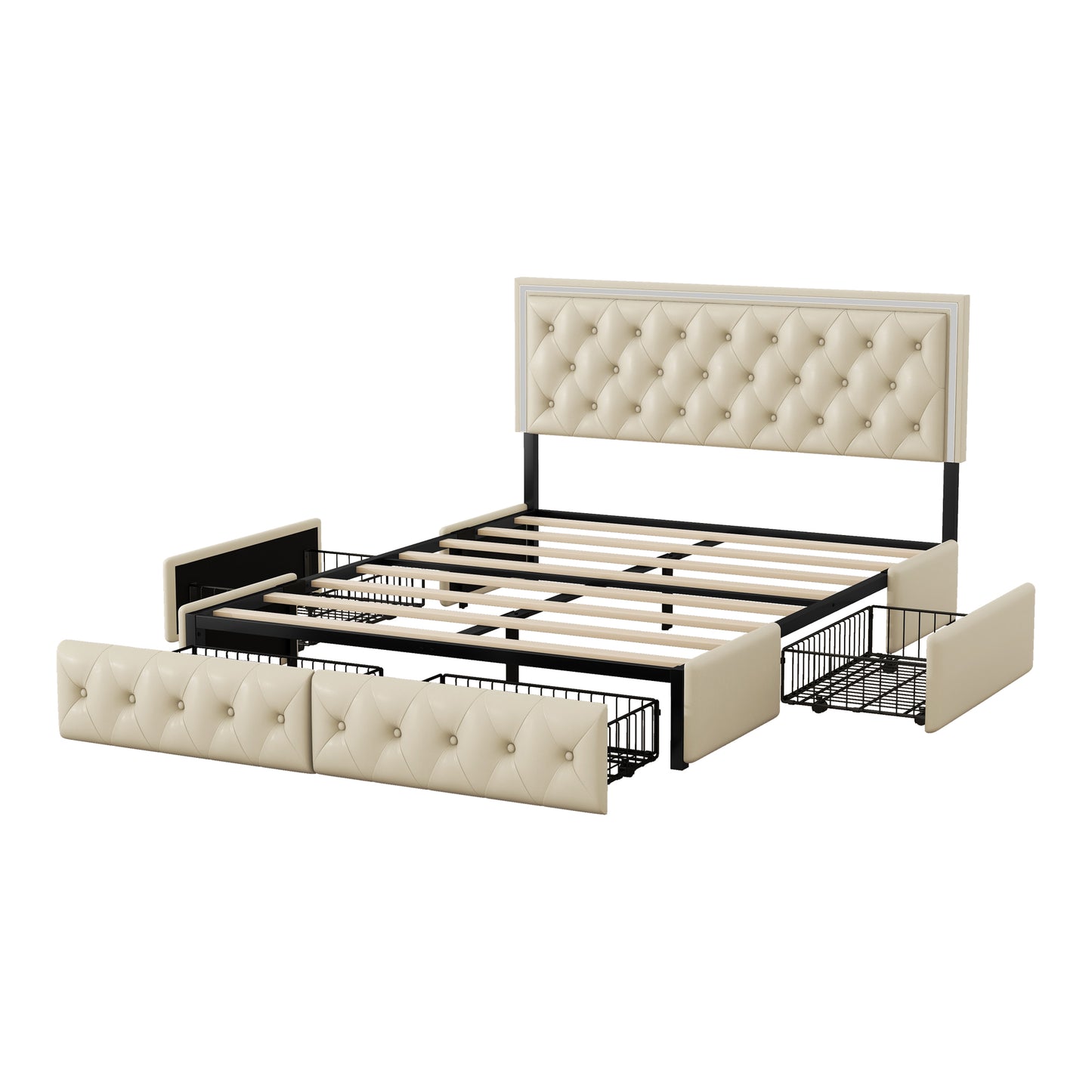 Melysen Queen Upholstered Bed Frame with 4 Storage Drawers, PU Leather Platform Bed with LED Headboard, No Box Spring Needed, Beige