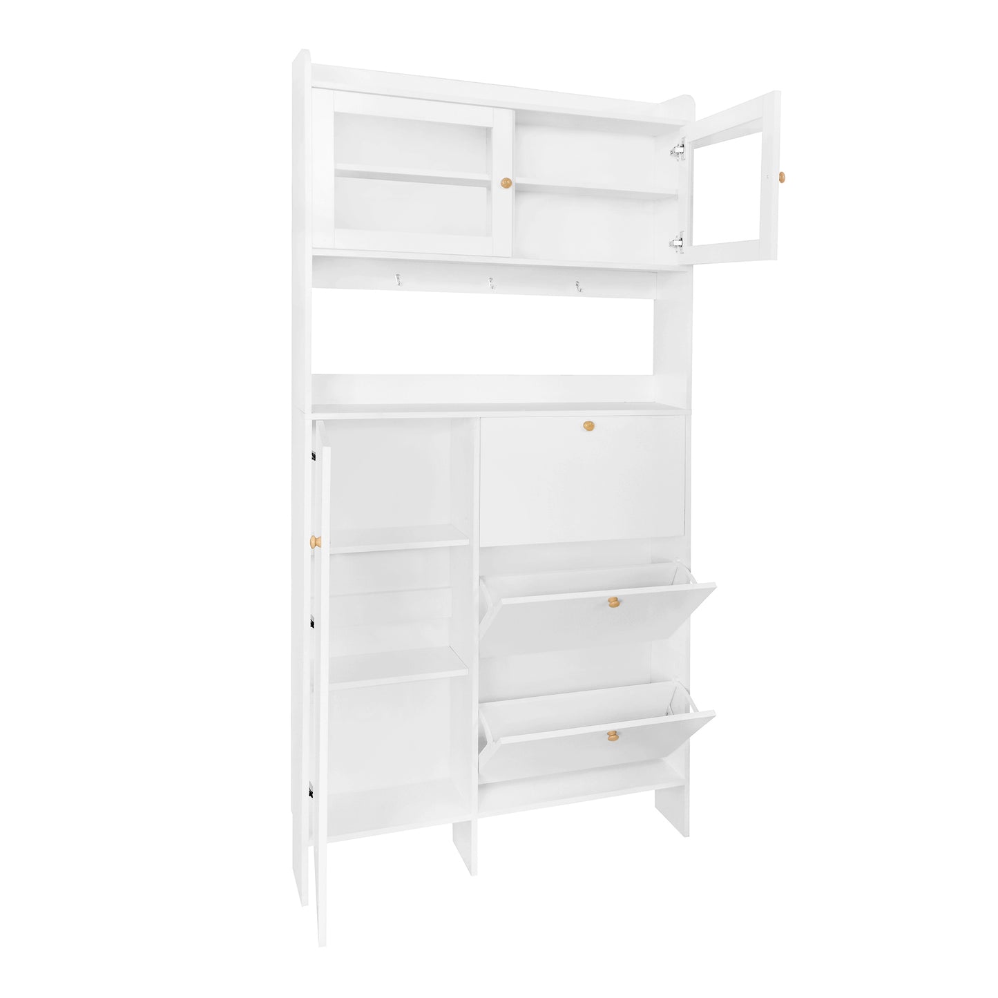 Melysen Shoe Cabinet with Open Storage Space, Practical Hall Tree with 3 Flip Drawers, Multi-functional & Integrated Foyer Cabinet with Tempered Glass Doors for Hallway, White