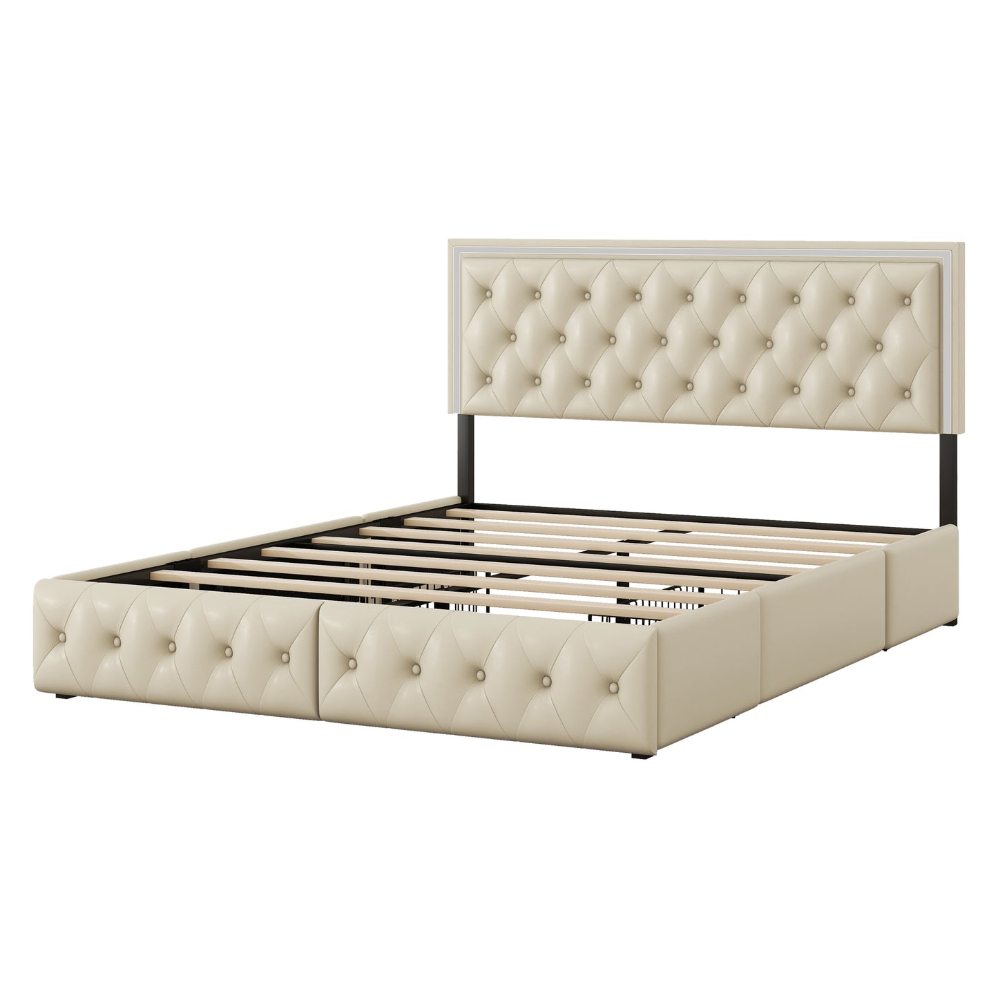 Melysen Queen Upholstered Bed Frame with 4 Storage Drawers, PU Leather Platform Bed with LED Headboard, No Box Spring Needed, Beige