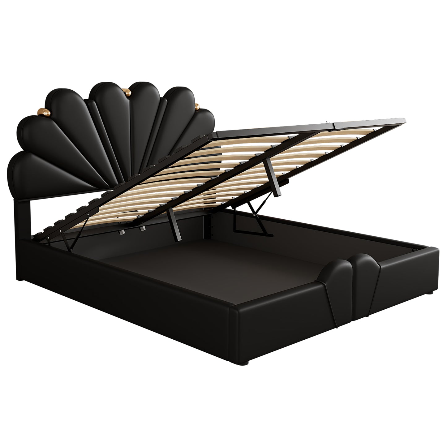 Melysen Queen Size Upholstered  Petal Shaped Platform Bed  with Hydraulic Storage System, PU Storage Bed, Decorated with metal balls