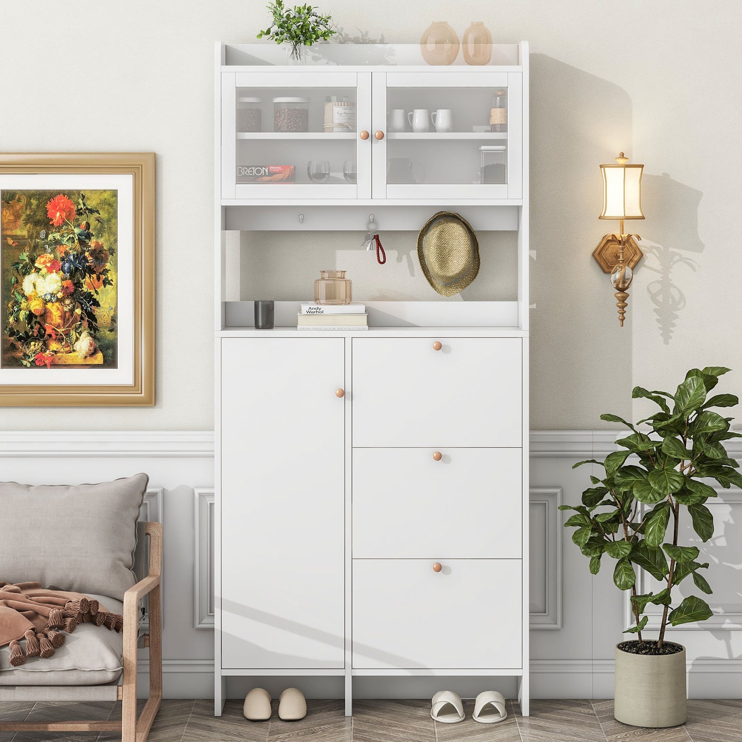 Melysen Shoe Cabinet with Open Storage Space, Practical Hall Tree with 3 Flip Drawers, Multi-functional & Integrated Foyer Cabinet with Tempered Glass Doors for Hallway, White