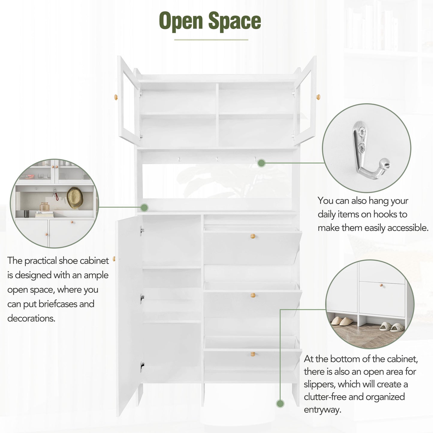 Melysen Shoe Cabinet with Open Storage Space, Practical Hall Tree with 3 Flip Drawers, Multi-functional & Integrated Foyer Cabinet with Tempered Glass Doors for Hallway, White