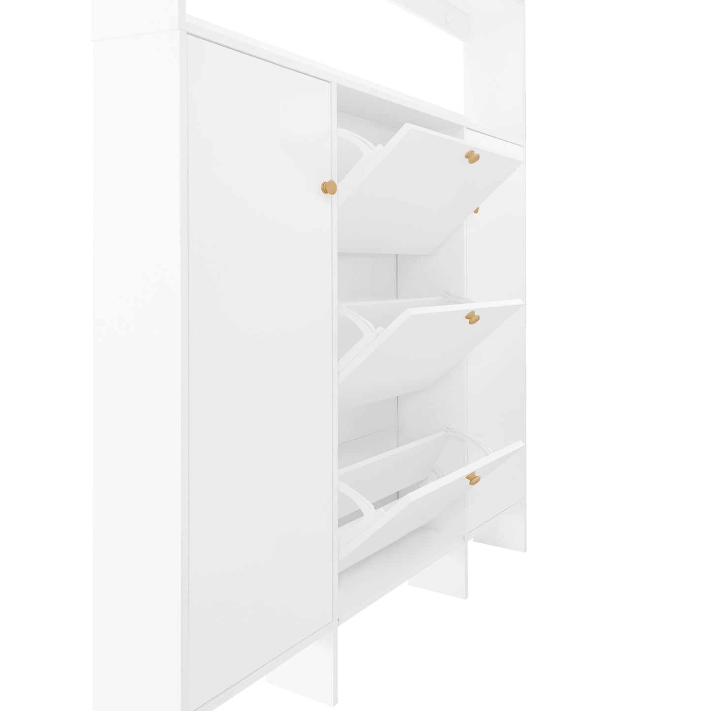 Melysen Contemporary Shoe Cabinet with Open Storage Platform, Tempered Glass Hall Tree with 3 Flip Drawers, Versatile Tall Cabinet with 4 Hanging Hooks for Hallway, White