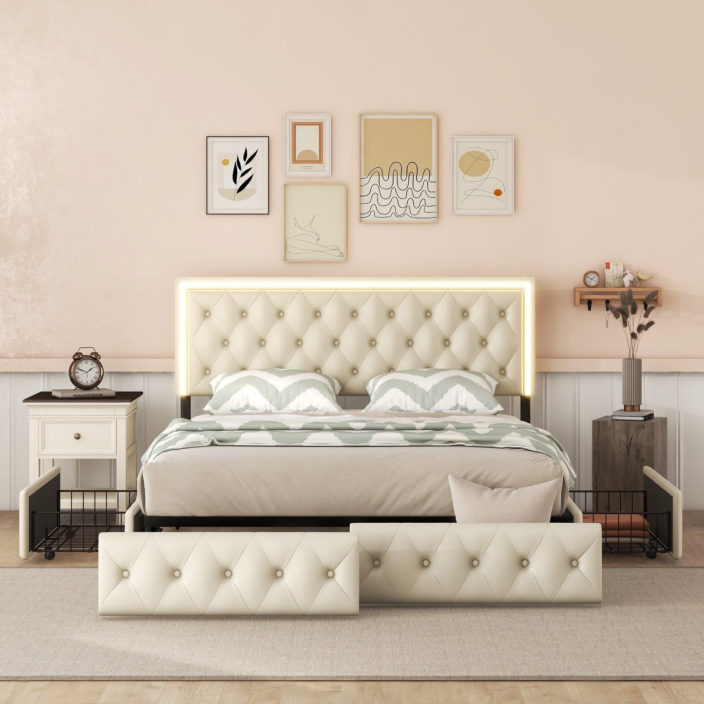 Melysen Queen Upholstered Bed Frame with 4 Storage Drawers, PU Leather Platform Bed with LED Headboard, No Box Spring Needed, Beige