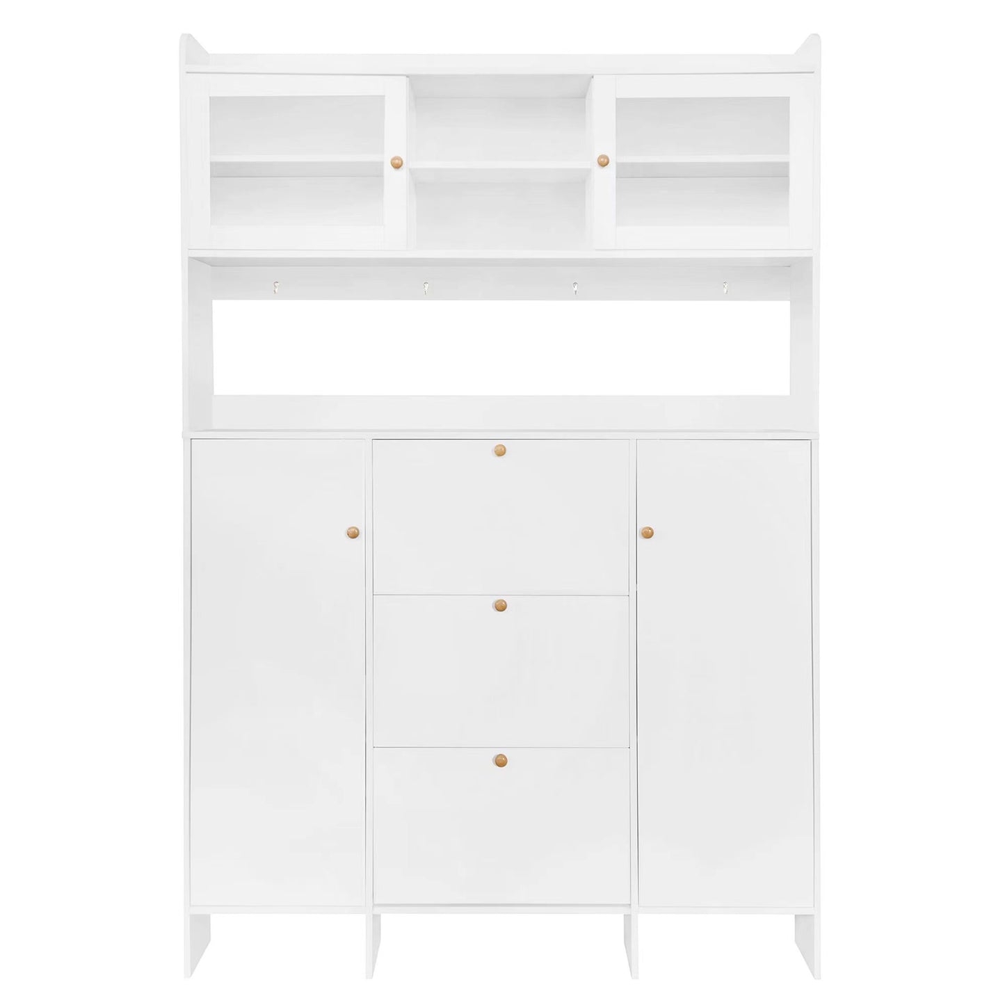 Melysen Contemporary Shoe Cabinet with Open Storage Platform, Tempered Glass Hall Tree with 3 Flip Drawers, Versatile Tall Cabinet with 4 Hanging Hooks for Hallway, White