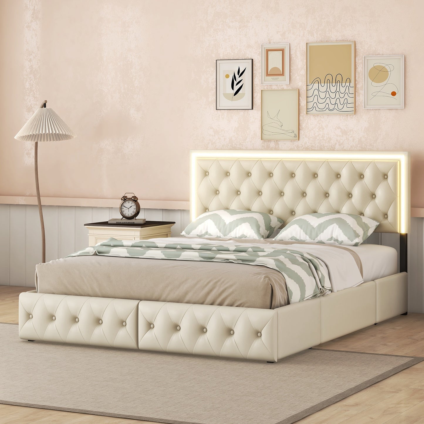 Melysen Queen Upholstered Bed Frame with 4 Storage Drawers, PU Leather Platform Bed with LED Headboard, No Box Spring Needed, Beige