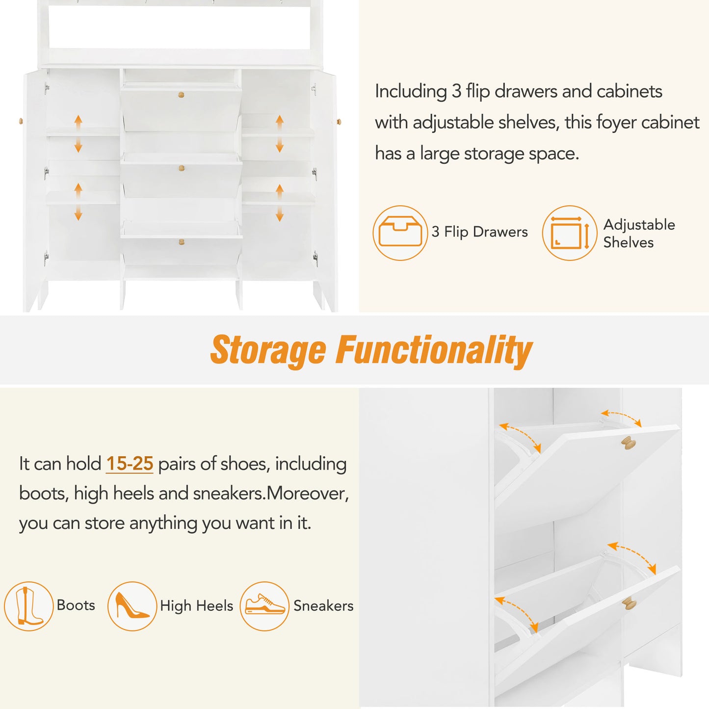 Melysen Contemporary Shoe Cabinet with Open Storage Platform, Tempered Glass Hall Tree with 3 Flip Drawers, Versatile Tall Cabinet with 4 Hanging Hooks for Hallway, White