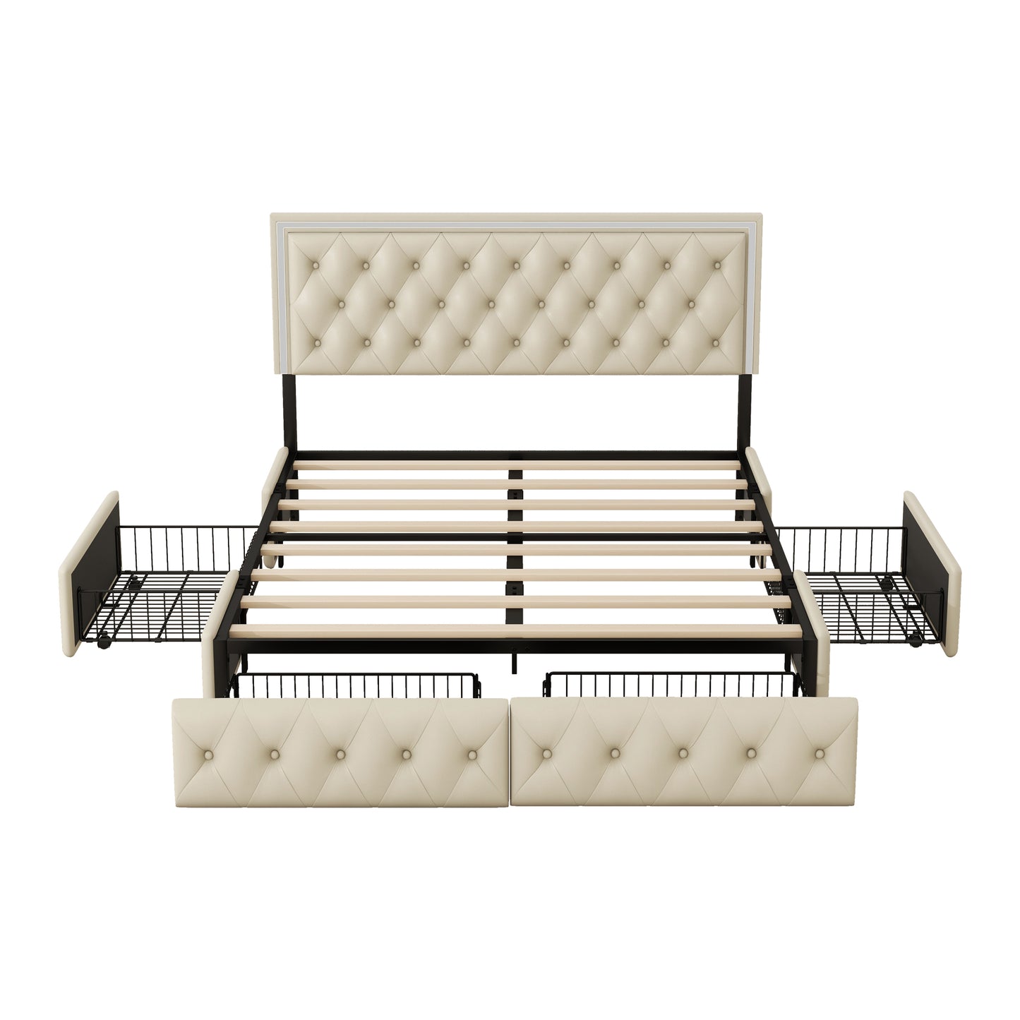 Melysen Queen Upholstered Bed Frame with 4 Storage Drawers, PU Leather Platform Bed with LED Headboard, No Box Spring Needed, Beige