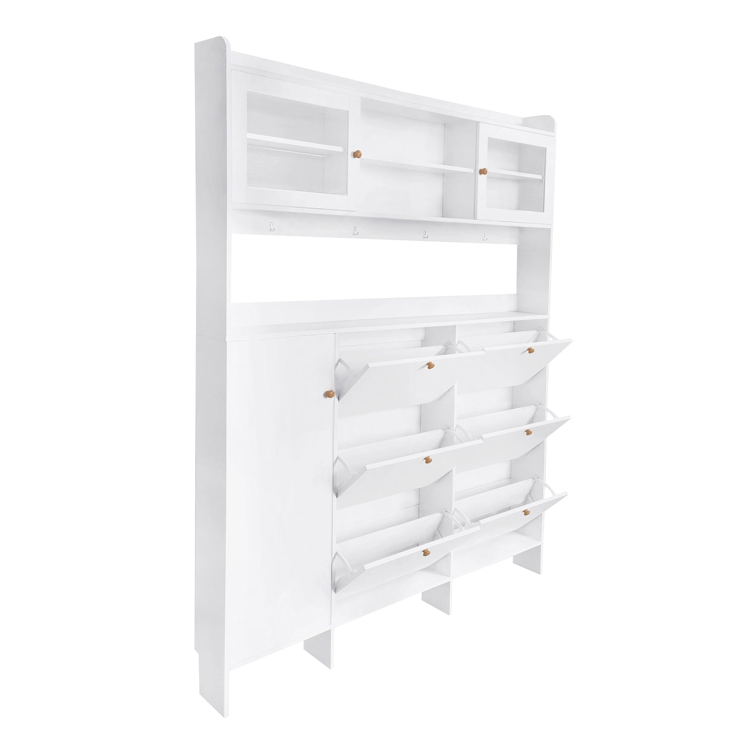 Melysen Multifunctional Shoe Cabinet with Storage Shelf & 6 Flip Drawers, Modern Large Hall Tree with Tempered Glass Doors, Elegant Foyer Cabinet with 4 Hooks for Hallway, White