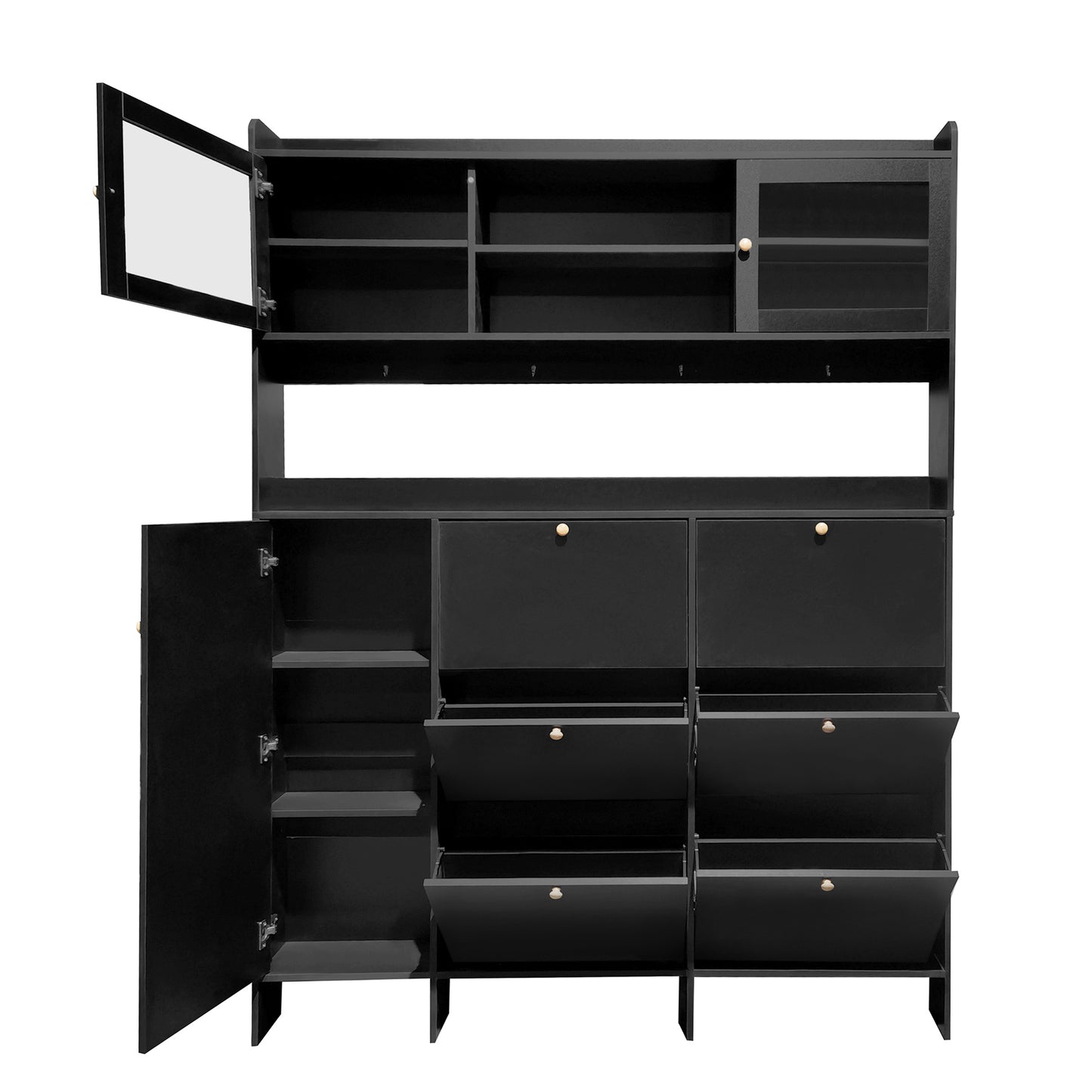 Melysen Multifunctional Shoe Cabinet with Storage Shelf & 6 Flip Drawers, Modern Large Hall Tree with Tempered Glass Doors, Elegant Foyer Cabinet with 4 Hooks for Hallway, Black