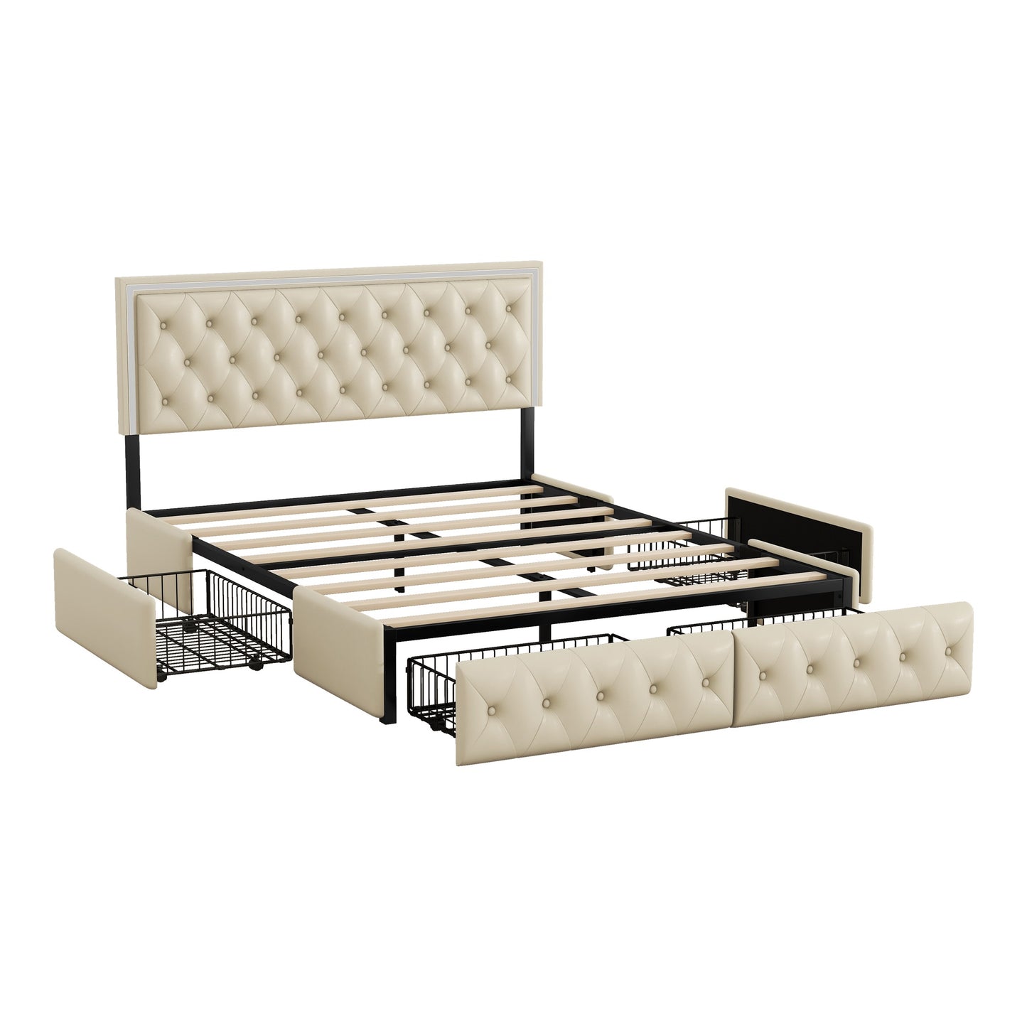 Melysen Queen Upholstered Bed Frame with 4 Storage Drawers, PU Leather Platform Bed with LED Headboard, No Box Spring Needed, Beige