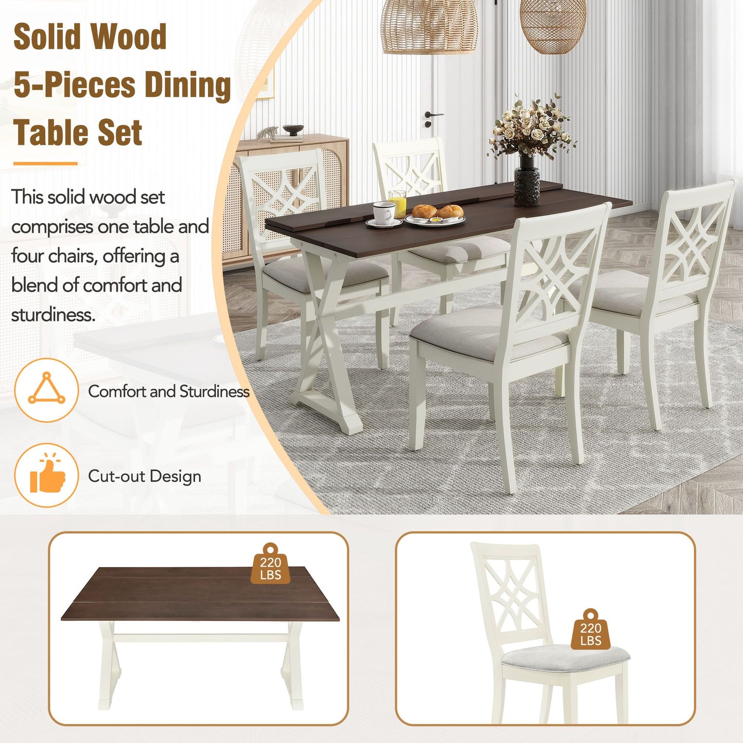 Melysen 5-Piece 62*35.2inch Extendable Rubber Wood Dining Table Set with X-shape Legs,Console Table with Two 8.8Inch-Wide Flip Lids and Upholstered Dining Chairs