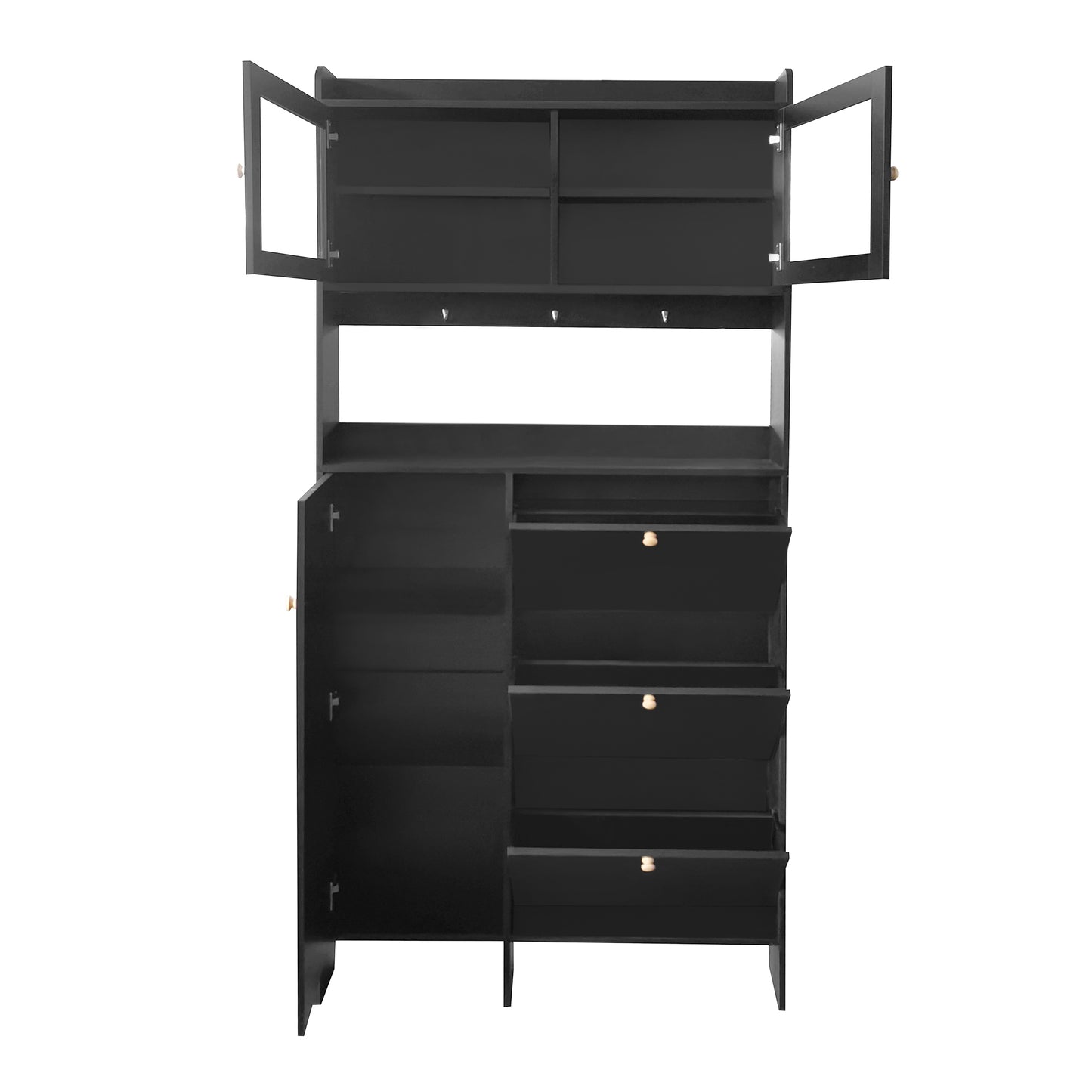 Melysen Shoe Cabinet with Open Storage Space, Practical Hall Tree with 3 Flip Drawers, Multi-functional & Integrated Foyer Cabinet with Tempered Glass Doors for Hallway, Black