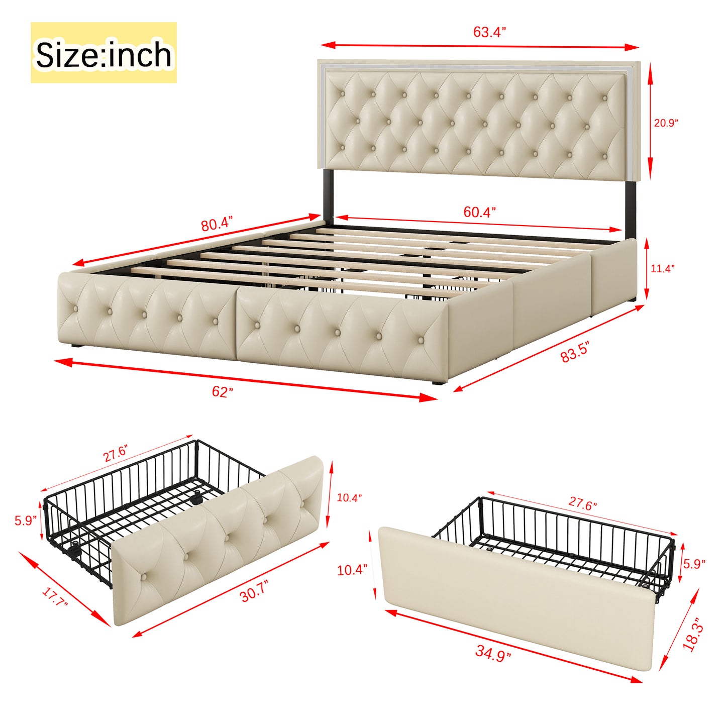 Melysen Queen Upholstered Bed Frame with 4 Storage Drawers, PU Leather Platform Bed with LED Headboard, No Box Spring Needed, Beige