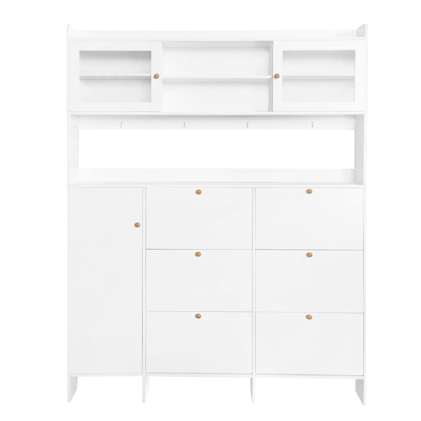 Melysen Multifunctional Shoe Cabinet with Storage Shelf & 6 Flip Drawers, Modern Large Hall Tree with Tempered Glass Doors, Elegant Foyer Cabinet with 4 Hooks for Hallway, White