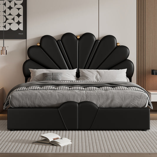 Melysen Queen Size Upholstered  Petal Shaped Platform Bed  with Hydraulic Storage System, PU Storage Bed, Decorated with metal balls