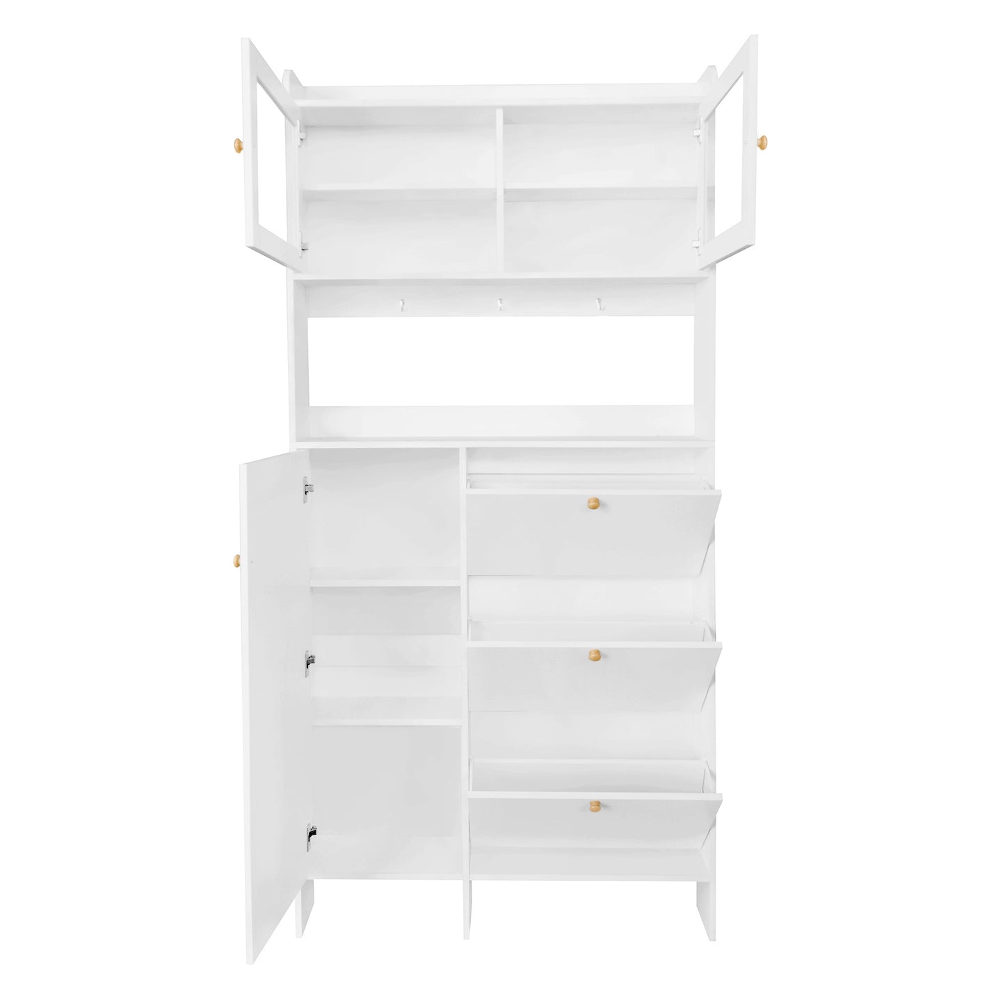 Melysen Shoe Cabinet with Open Storage Space, Practical Hall Tree with 3 Flip Drawers, Multi-functional & Integrated Foyer Cabinet with Tempered Glass Doors for Hallway, White