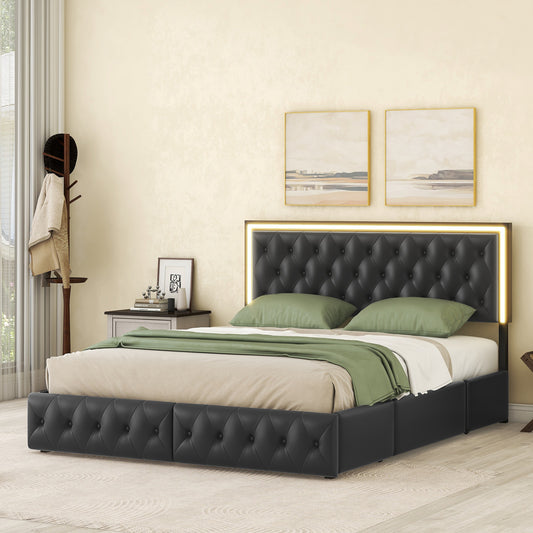 Melysen Queen Upholstered Bed Frame with 4 Storage Drawers, PU Leather Platform Bed with LED Headboard, No Box Spring Needed, Black