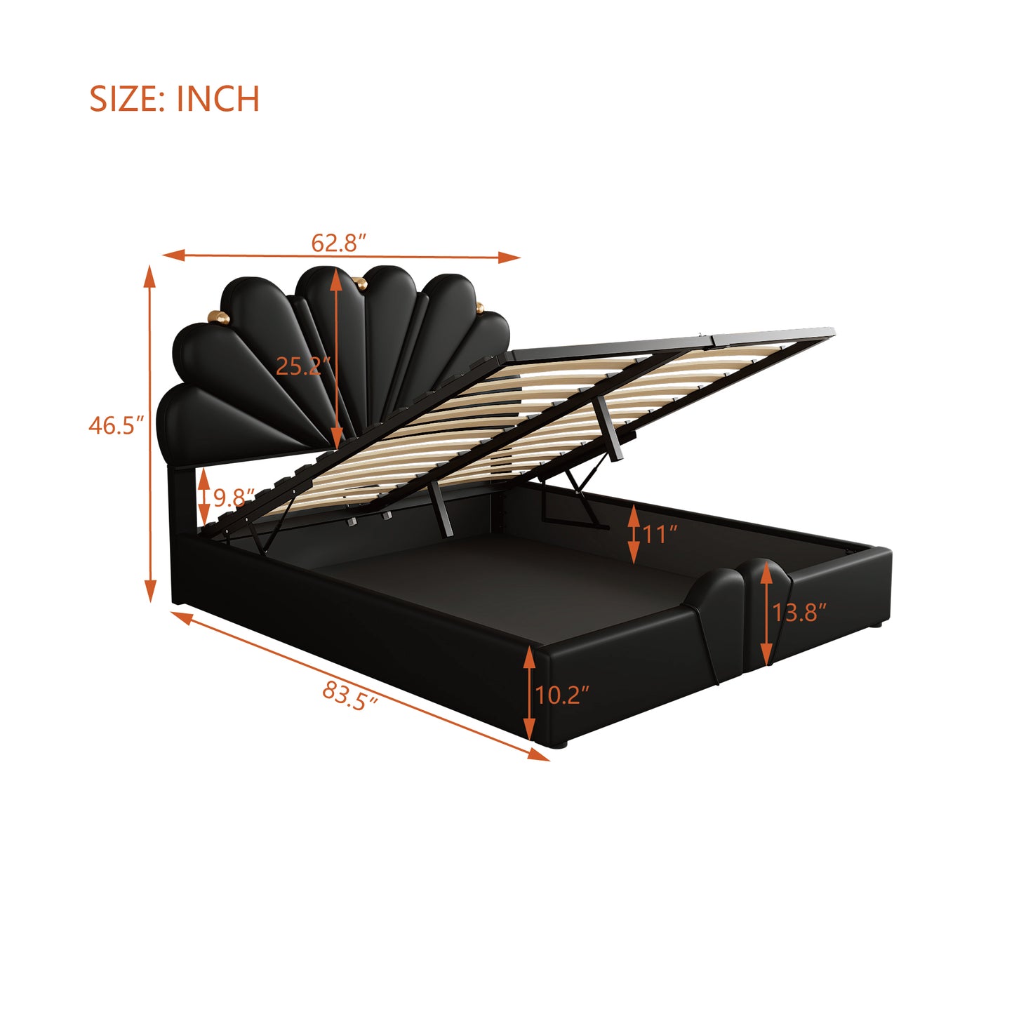 Melysen Queen Size Upholstered  Petal Shaped Platform Bed  with Hydraulic Storage System, PU Storage Bed, Decorated with metal balls