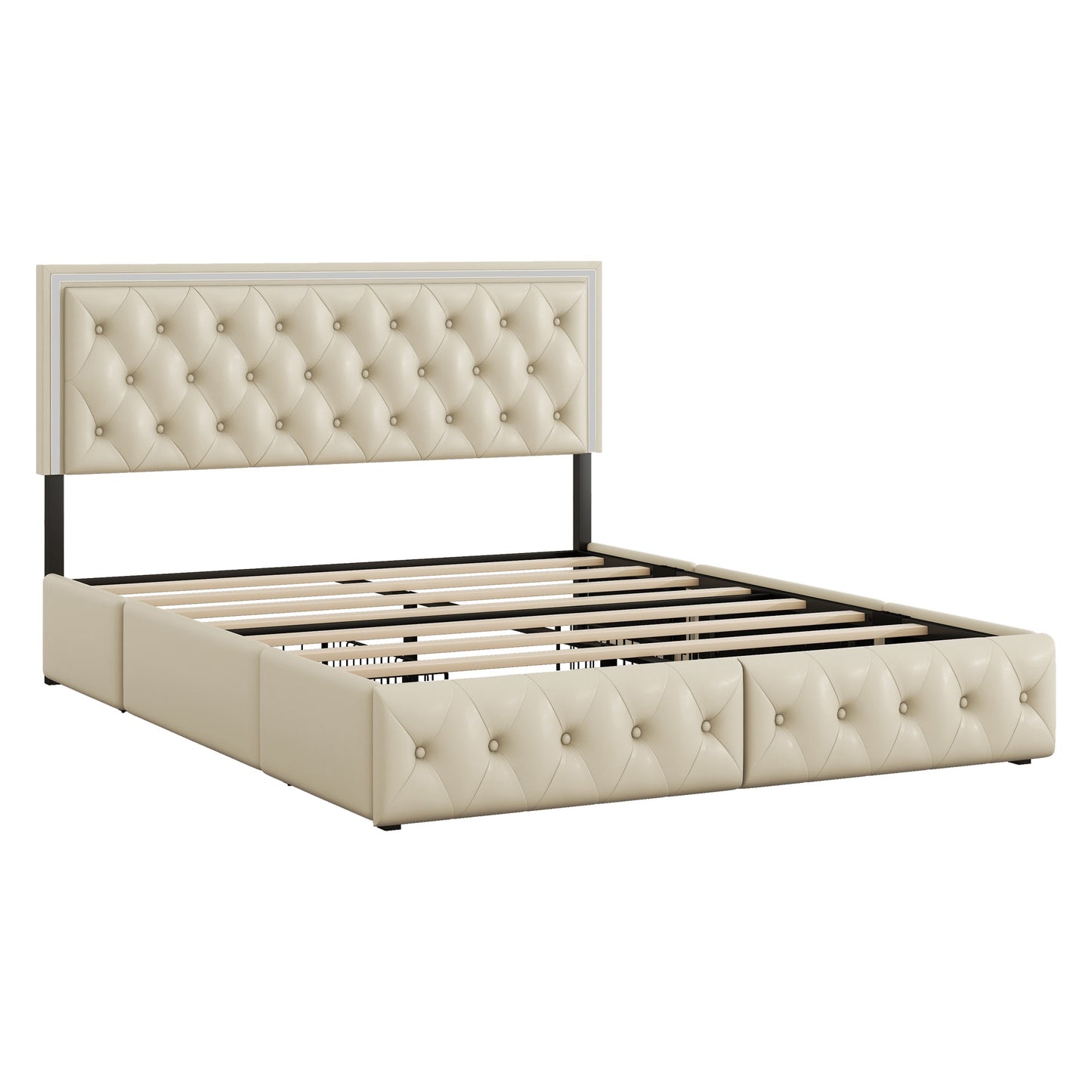 Melysen Queen Upholstered Bed Frame with 4 Storage Drawers, PU Leather Platform Bed with LED Headboard, No Box Spring Needed, Beige