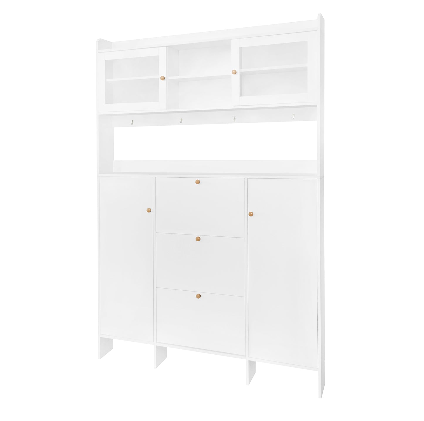 Melysen Contemporary Shoe Cabinet with Open Storage Platform, Tempered Glass Hall Tree with 3 Flip Drawers, Versatile Tall Cabinet with 4 Hanging Hooks for Hallway, White