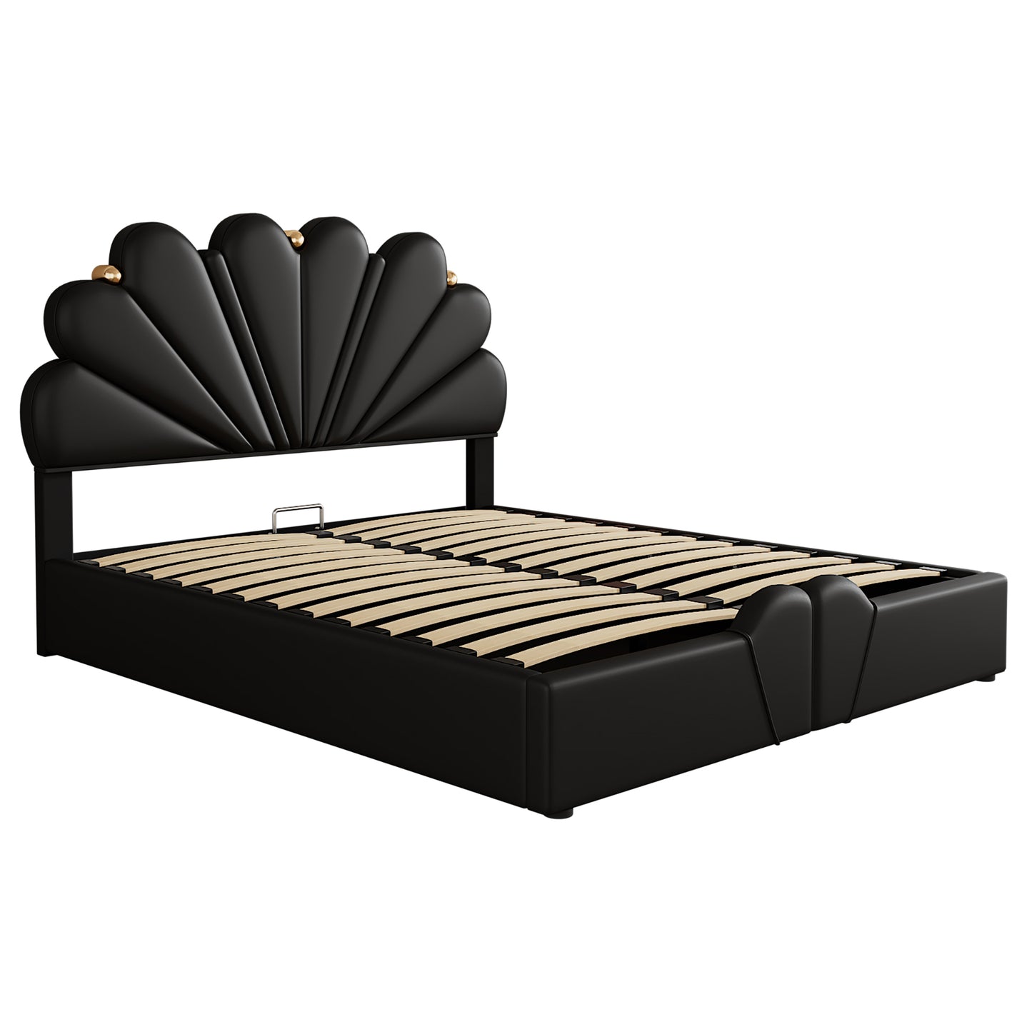 Melysen Queen Size Upholstered  Petal Shaped Platform Bed  with Hydraulic Storage System, PU Storage Bed, Decorated with metal balls