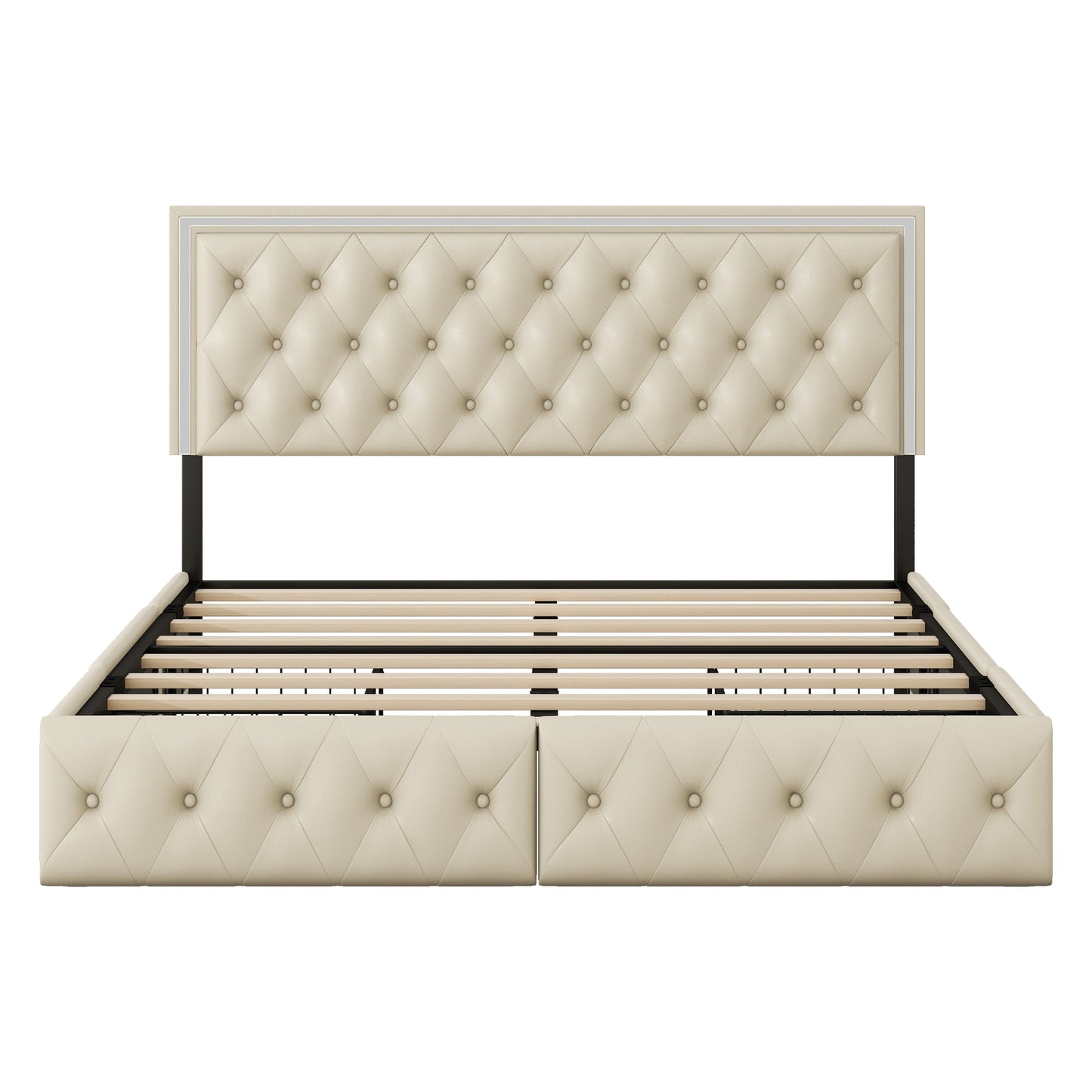 Melysen Queen Upholstered Bed Frame with 4 Storage Drawers, PU Leather Platform Bed with LED Headboard, No Box Spring Needed, Beige