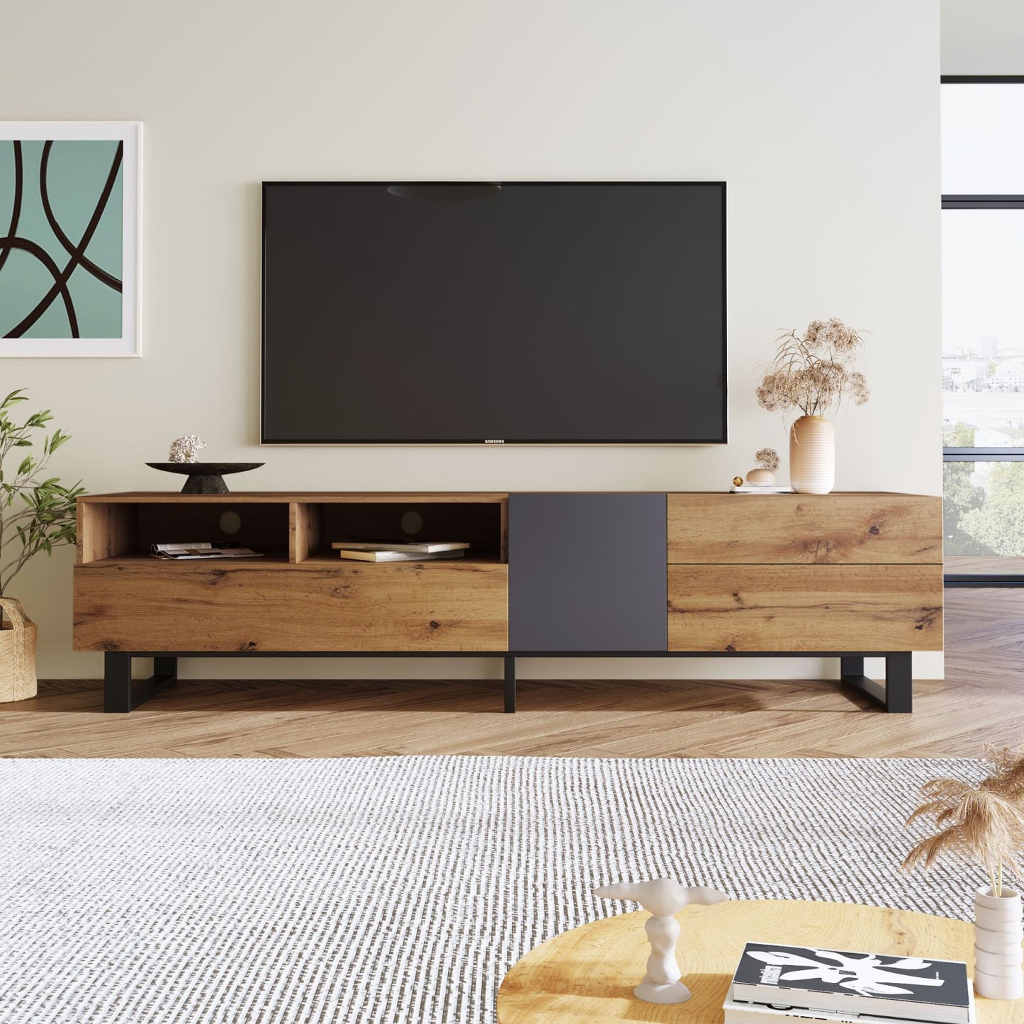 Melysen Modern TV Stand for 80" TV with Double Storage Space, Media Console Table, Entertainment Center with Drop Down Door for Living Room, Bedroom, Home Theatre,Wood