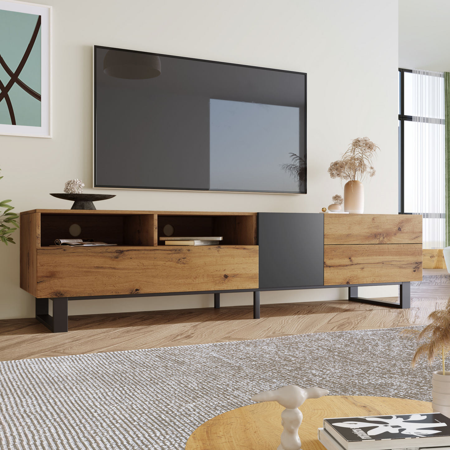 Melysen Modern TV Stand for 80" TV with Double Storage Space, Media Console Table, Entertainment Center with Drop Down Door for Living Room, Bedroom, Home Theatre,Wood