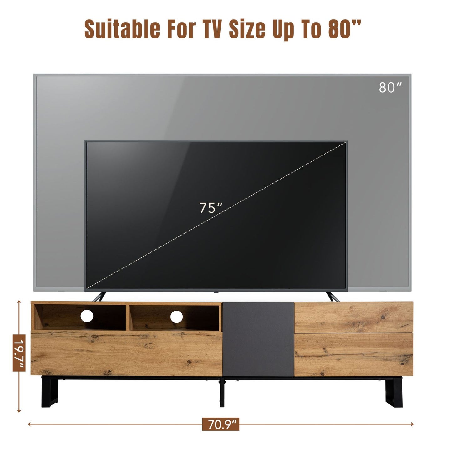 Melysen Modern TV Stand for 80" TV with Double Storage Space, Media Console Table, Entertainment Center with Drop Down Door for Living Room, Bedroom, Home Theatre,Wood