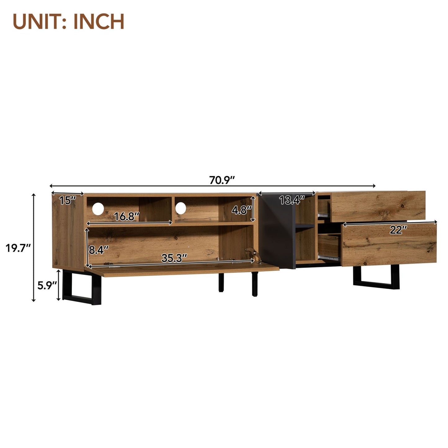 Melysen Modern TV Stand for 80" TV with Double Storage Space, Media Console Table, Entertainment Center with Drop Down Door for Living Room, Bedroom, Home Theatre,Wood