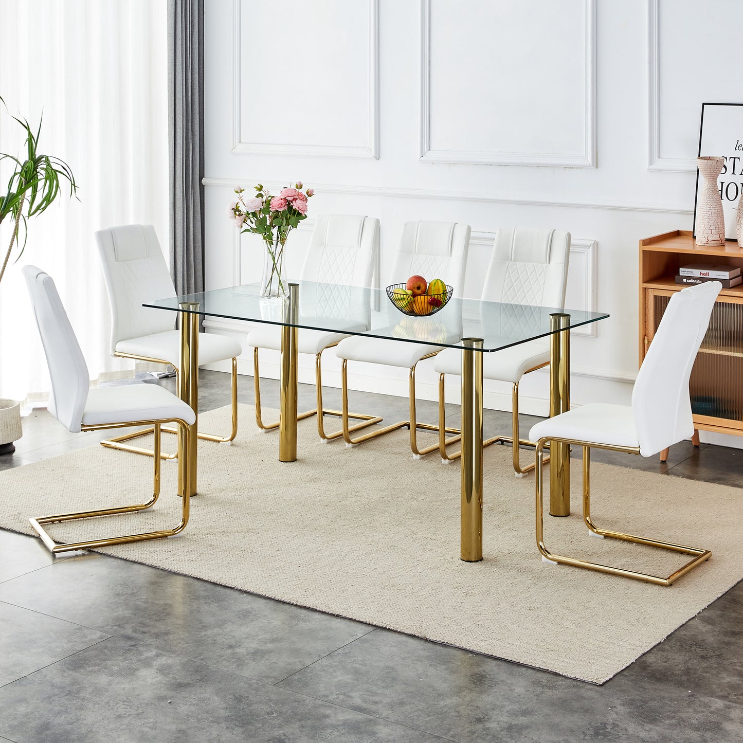 Melysen 1 Table with 6 Chairs, Transparent Tempered Glass Tabletop, Thickness 0.3 Feet, Golden Metal Legs, Paired with White Pu Backrest Cushion Chair, Golden Plated Metal Legs