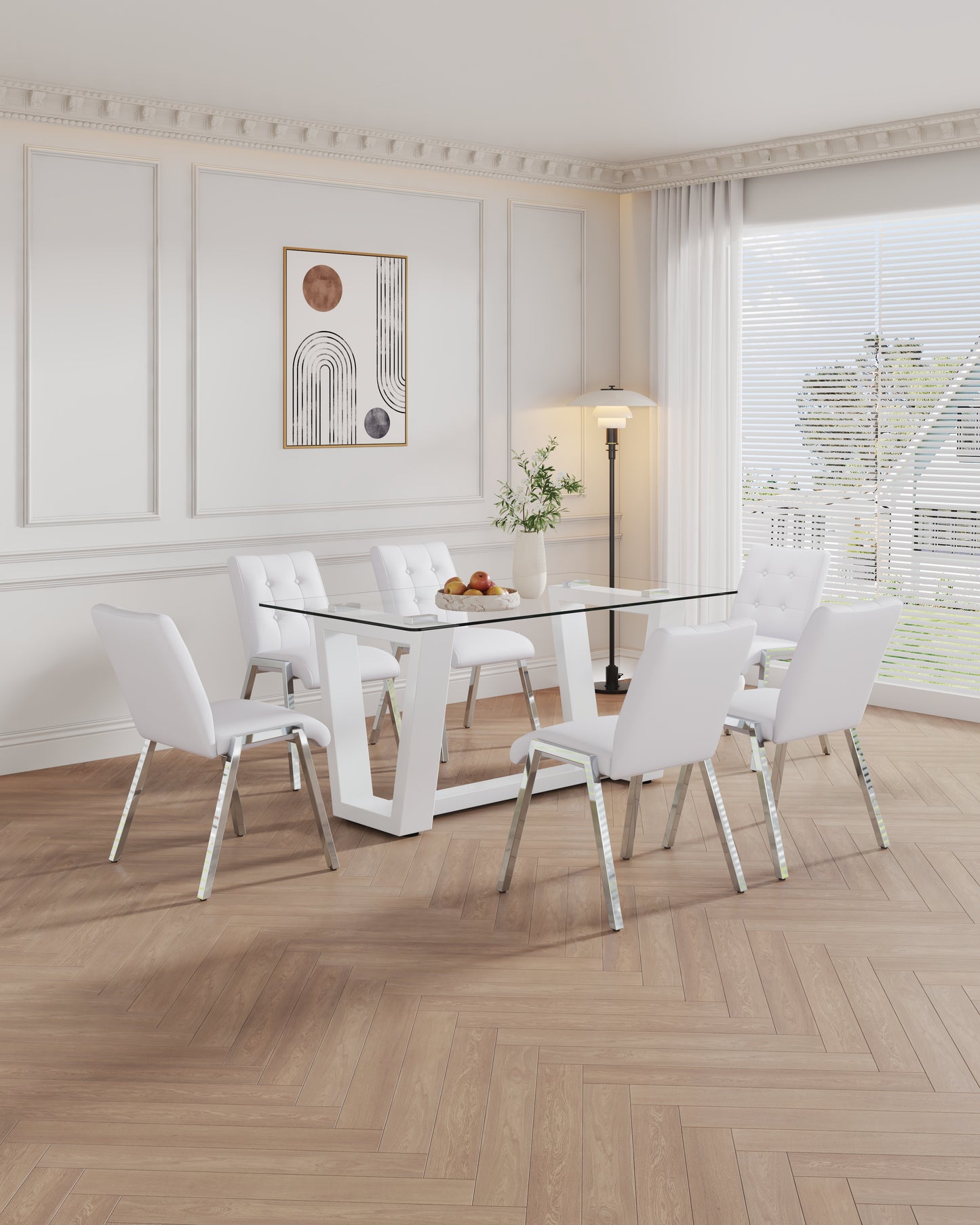 Melysen Table and Chair Set, Rectangular Dining Table, Equipped with 0.4"Tempered Glass Tabletop and White Mdf Trapezoidal Support, Paired with Lattice Armless High Back Dining Chairs (1 Table+6 Chairs)