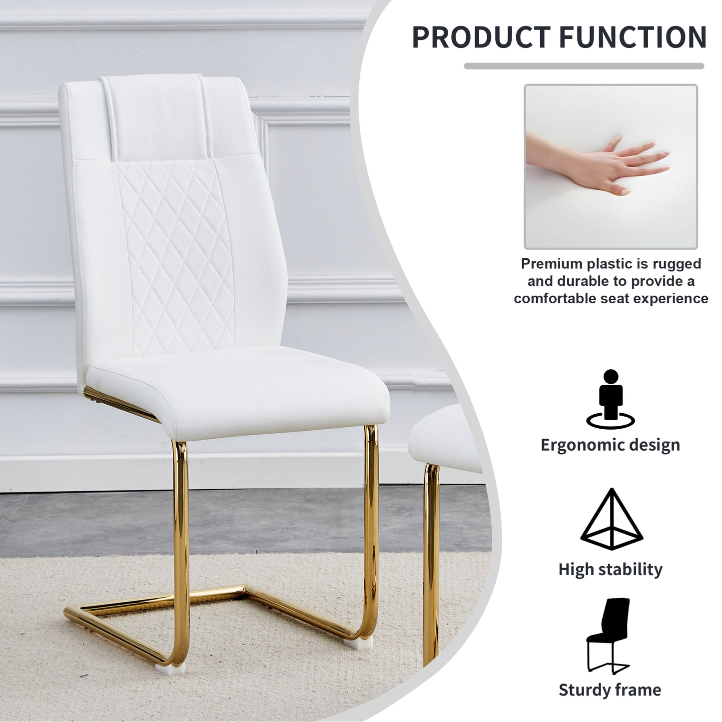 Melysen 1 Table with 6 Chairs, Transparent Tempered Glass Tabletop, Thickness 0.3 Feet, Golden Metal Legs, Paired with White Pu Backrest Cushion Chair, Golden Plated Metal Legs