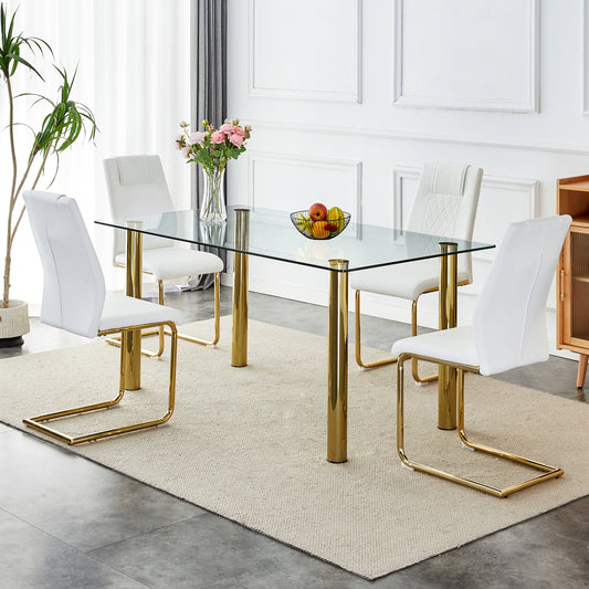 Melysen 1 Table with 6 Chairs, Transparent Tempered Glass Tabletop, Thickness 0.3 Feet, Golden Metal Legs, Paired with White Pu Backrest Cushion Chair, Golden Plated Metal Legs