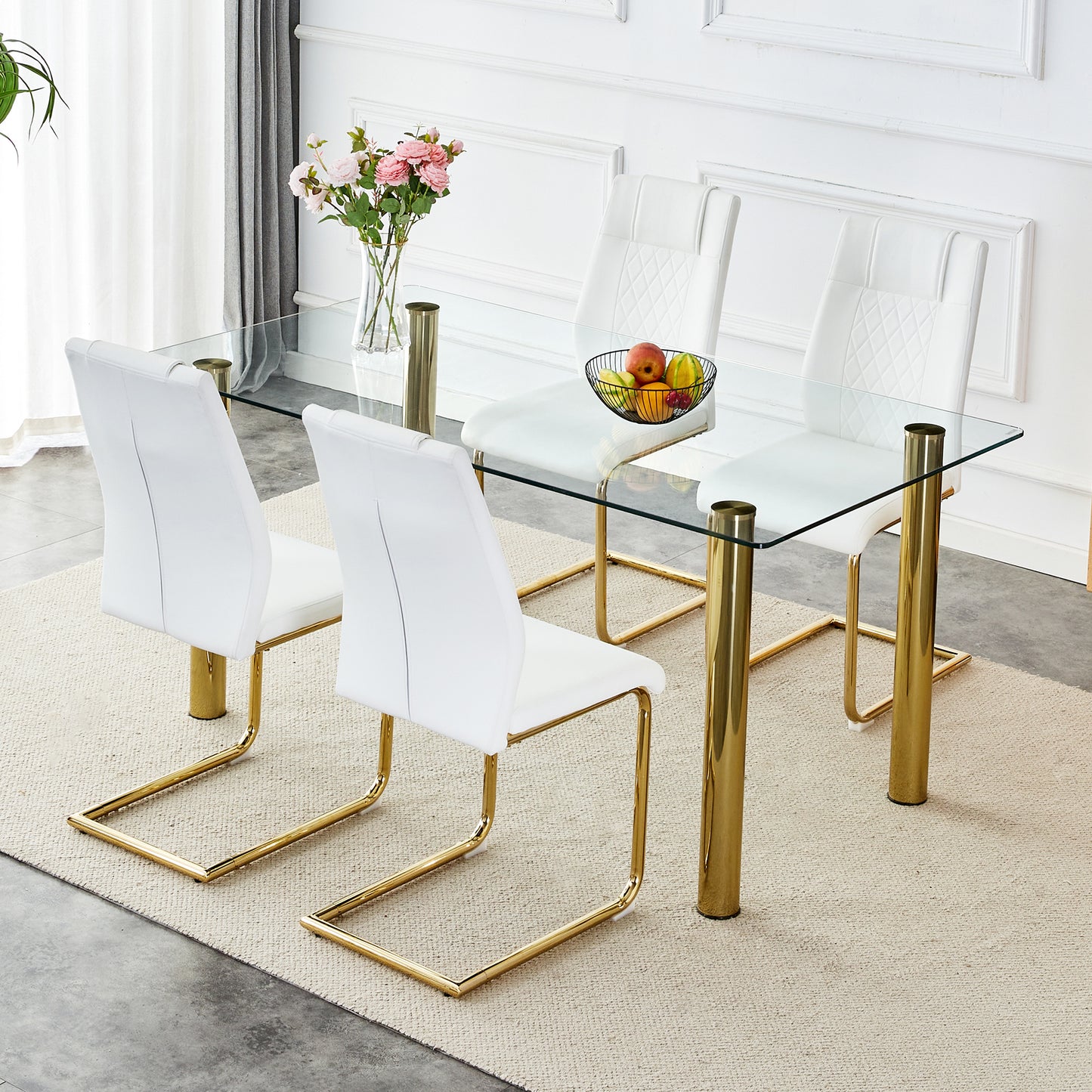 Melysen 1 Table with 6 Chairs, Transparent Tempered Glass Tabletop, Thickness 0.3 Feet, Golden Metal Legs, Paired with White Pu Backrest Cushion Chair, Golden Plated Metal Legs